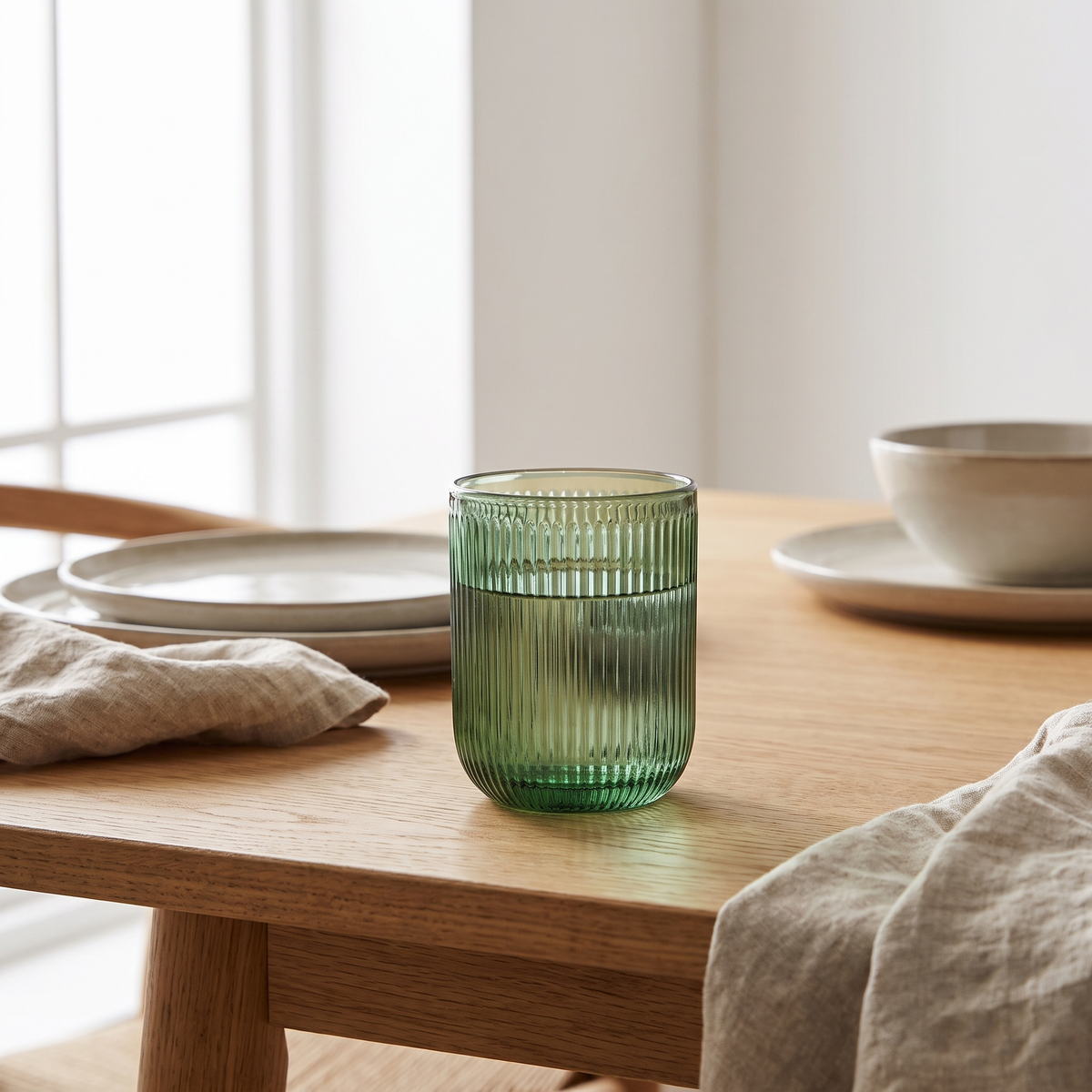J-Line Waterglas Groen met water op een eikenhouten eettafel
