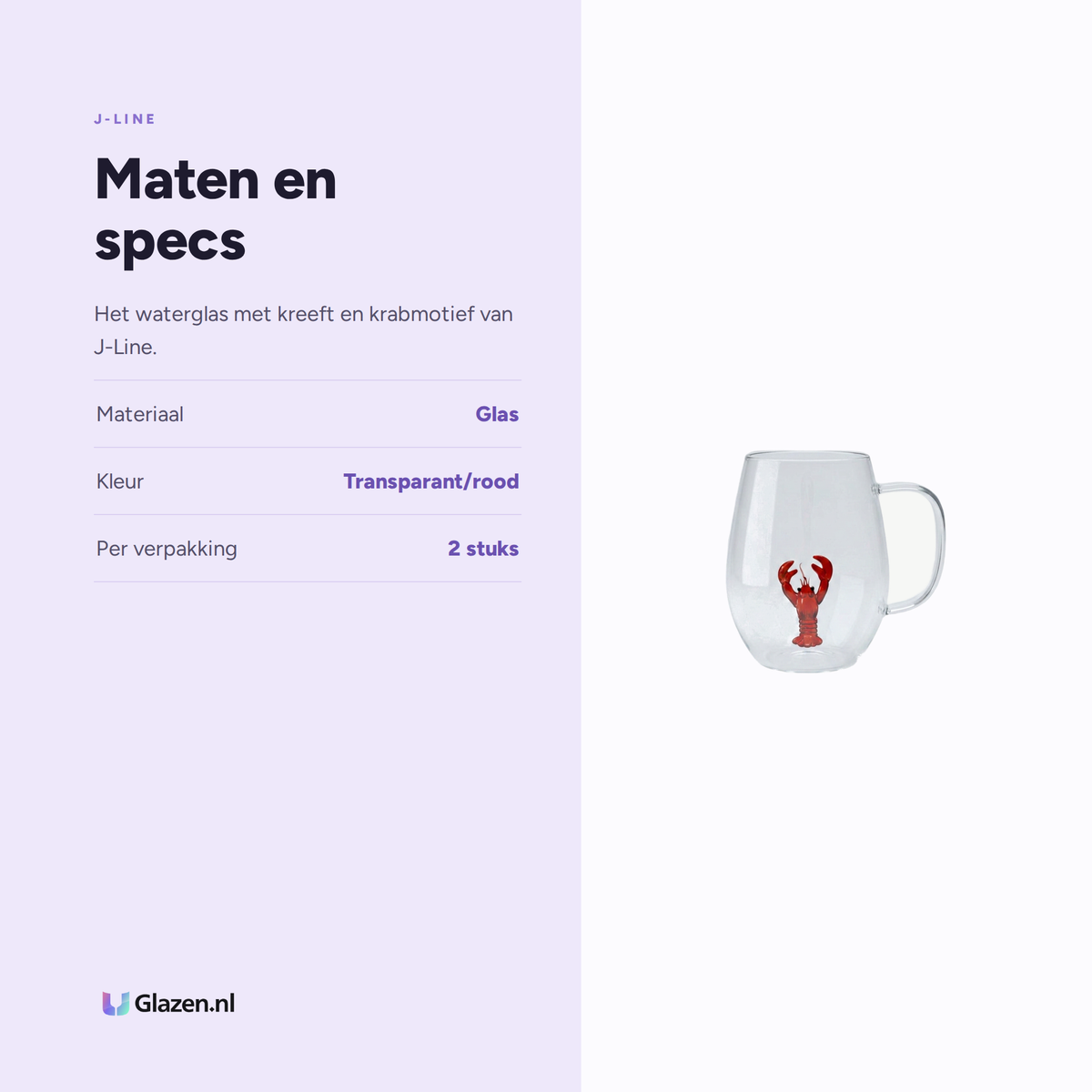 Maten en specs van J-Line Waterglas Kreeft/Krab Transparant/Rood Assorti