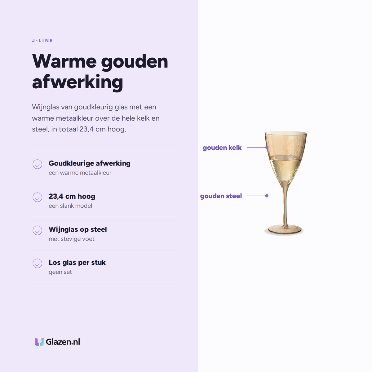 J-Line Wijnglas Goudkleurig eigenschappen: goudkleurige afwerking, 23,4 cm hoog, wijnglas op steel, los glas per stuk