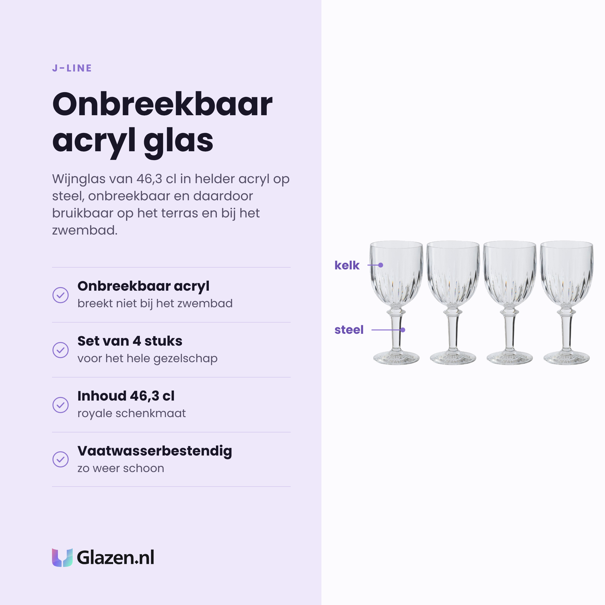 J-Line wijnglas 46,3 cl acryl eigenschappen: onbreekbaar acryl, set van 4 stuks, inhoud 46,3 cl, vaatwasserbestendig