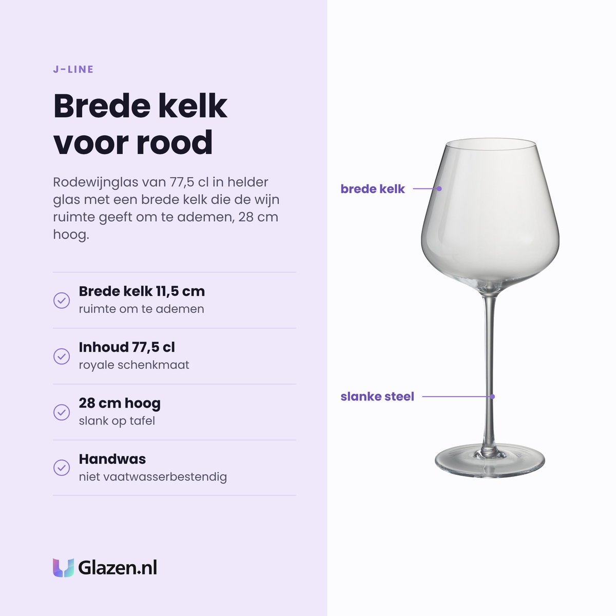 J-Line rodewijnglas 77,5 cl eigenschappen: brede kelk van 11,5 cm, 28 cm hoog, helder transparant glas, handwas