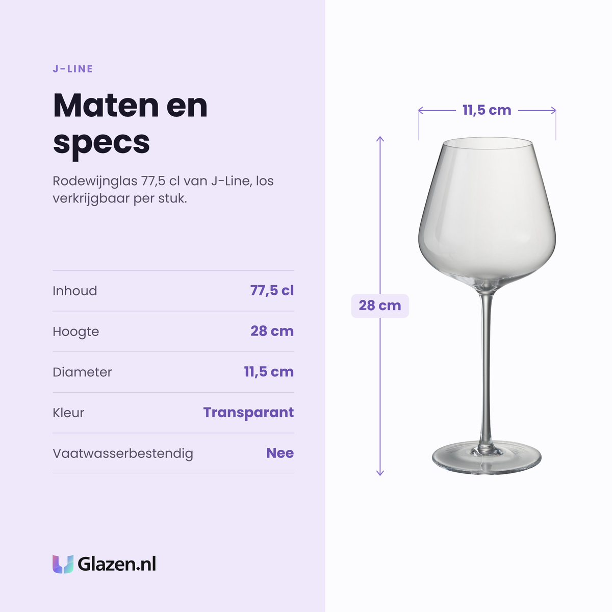 J-Line rodewijnglas 77,5 cl specificaties: inhoud 77,5 cl, hoogte 28 cm, diameter 11,5 cm, transparant, los per stuk
