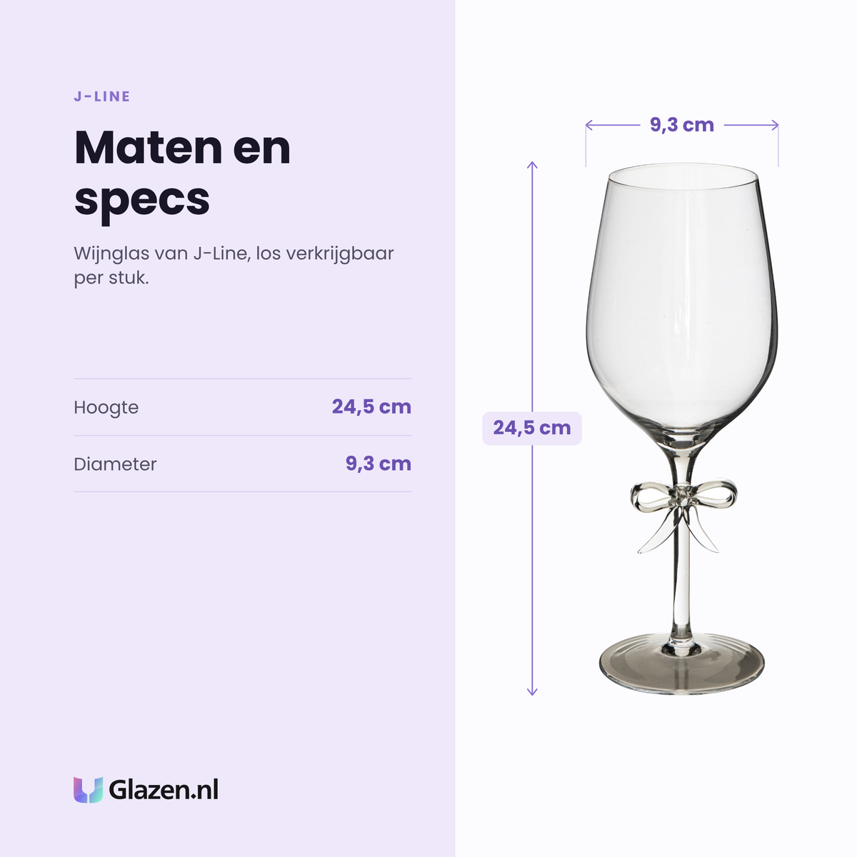 J-Line wijnglas specificaties: hoogte 24,5 cm, diameter 9,3 cm, los per stuk