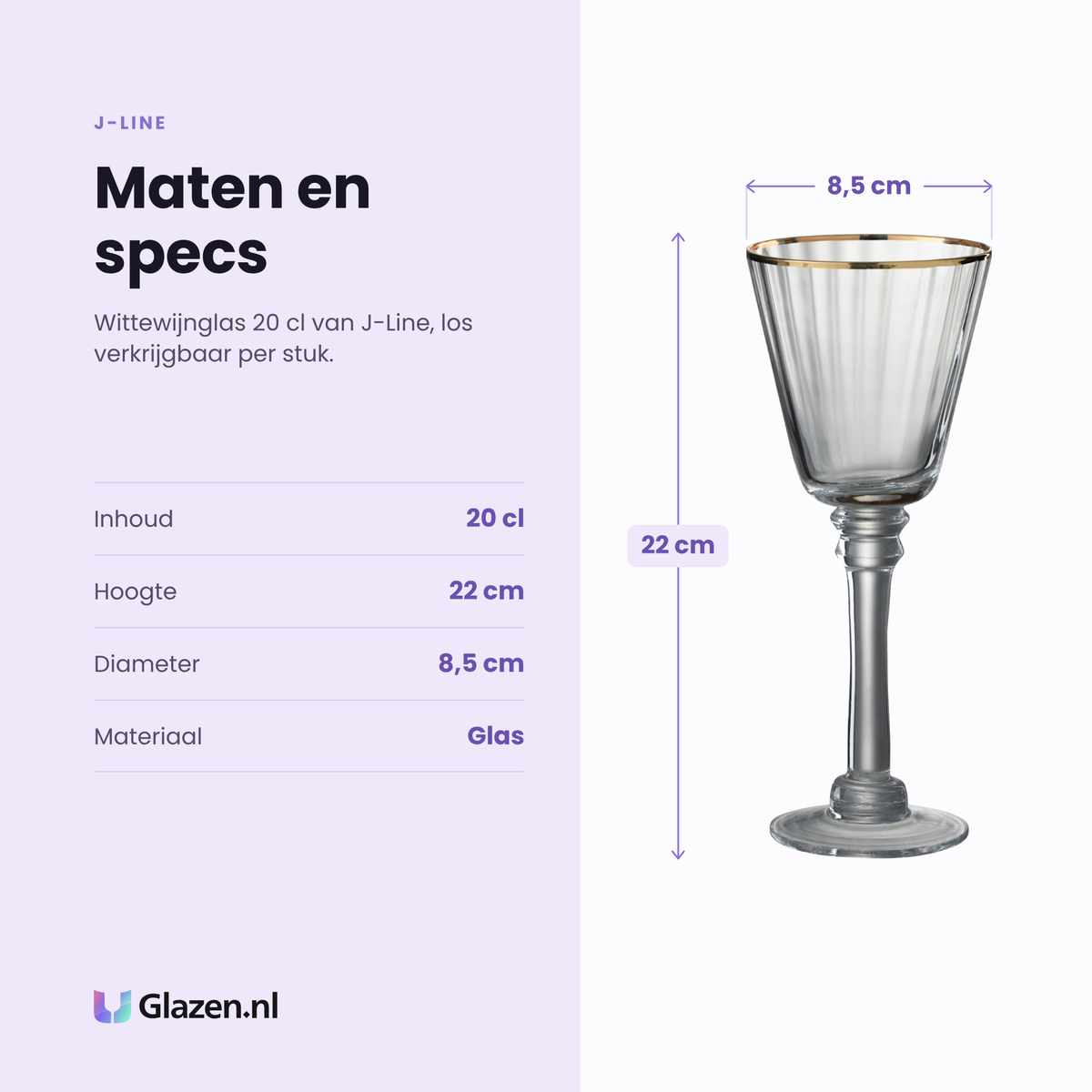 J-Line wittewijnglas 20 cl specificaties: inhoud 20 cl, hoogte 22 cm, diameter 8,5 cm, glas, los per stuk