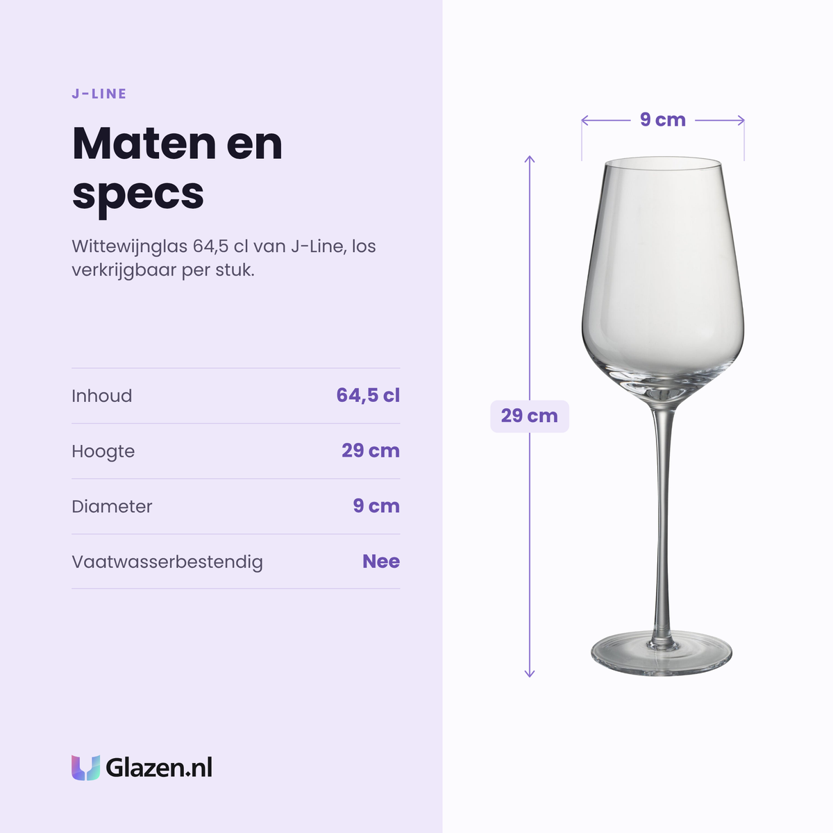J-Line wittewijnglas 64,5 cl specificaties: inhoud 64,5 cl, hoogte 29 cm, diameter 9 cm, los per stuk