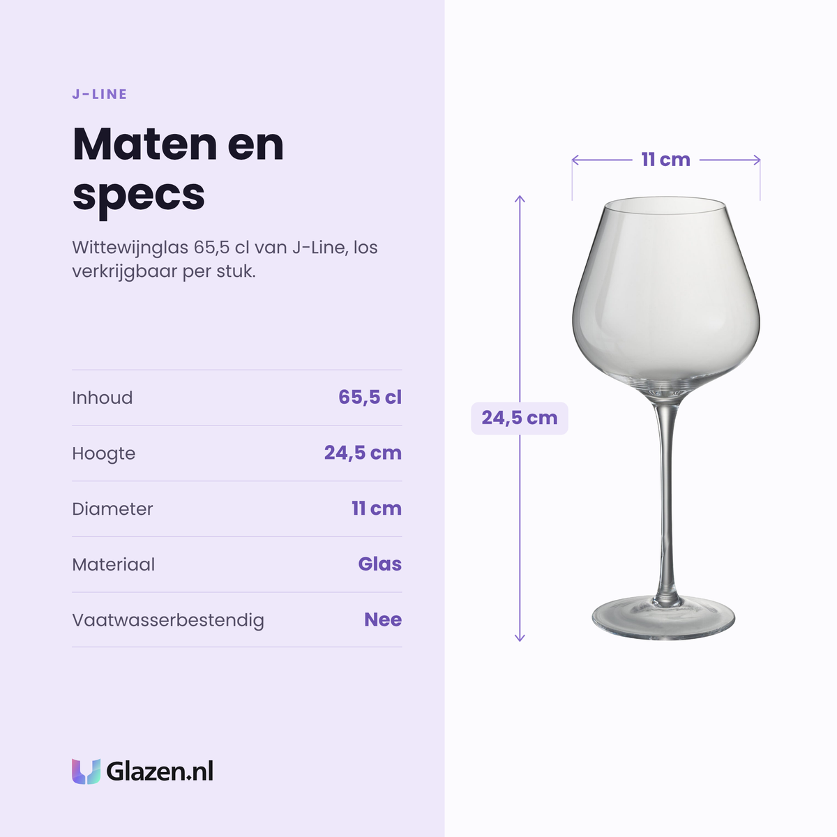 J-Line wittewijnglas 65,5 cl specificaties: inhoud 65,5 cl, hoogte 24,5 cm, diameter 11 cm, glas, niet vaatwasserbestendig