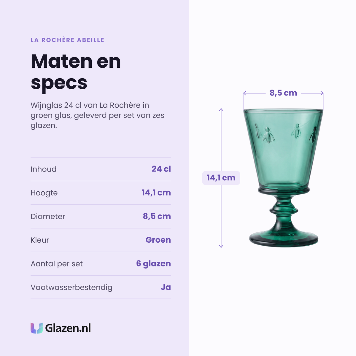 La Rochère Abeille wijnglas 24 cl specificaties: inhoud 24 cl, hoogte 14,1 cm, diameter 8,5 cm, groen glas, set van 6
