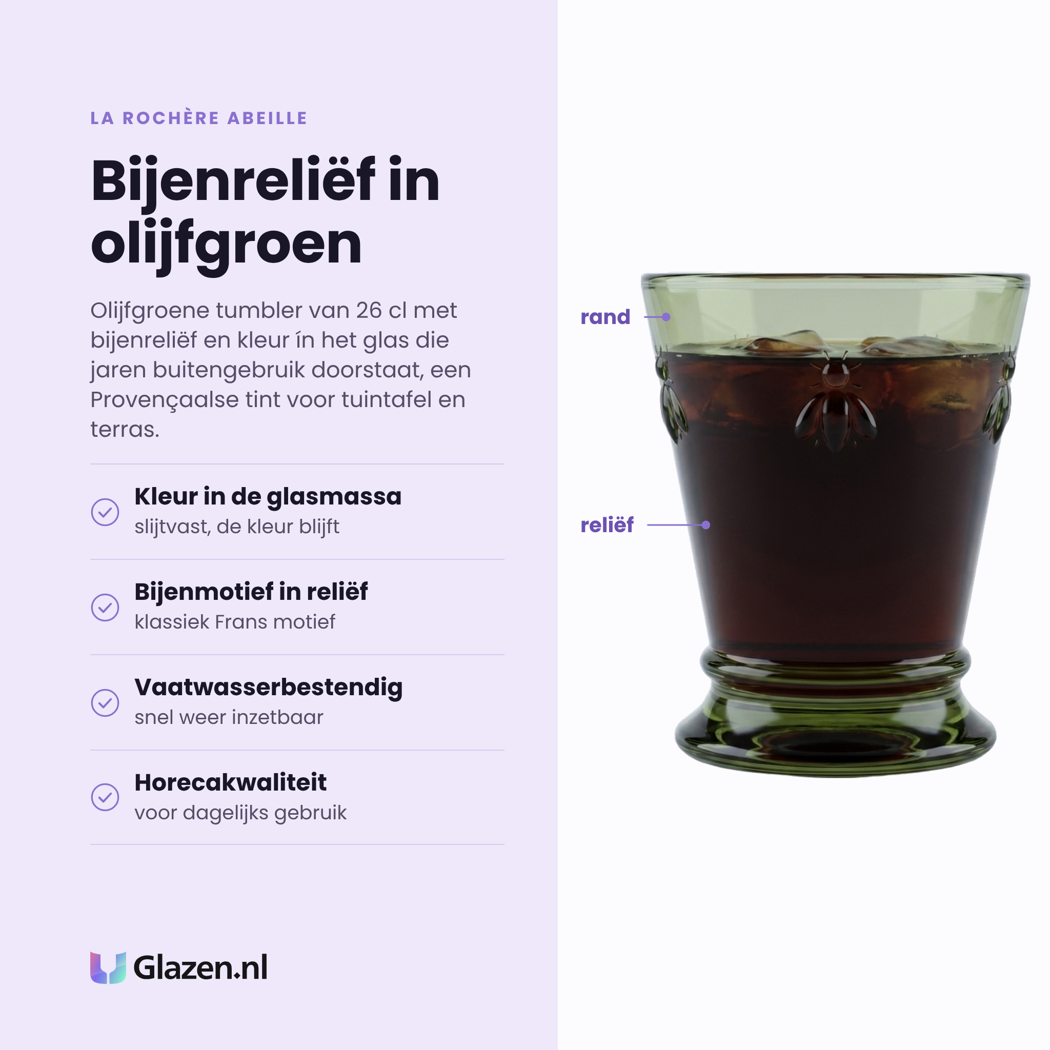La Rochère Abeille tumbler 26 cl olijfgroen eigenschappen: kleur in de glasmassa, bijenmotief in reliëf, vaatwasserbestendig, horecakwaliteit