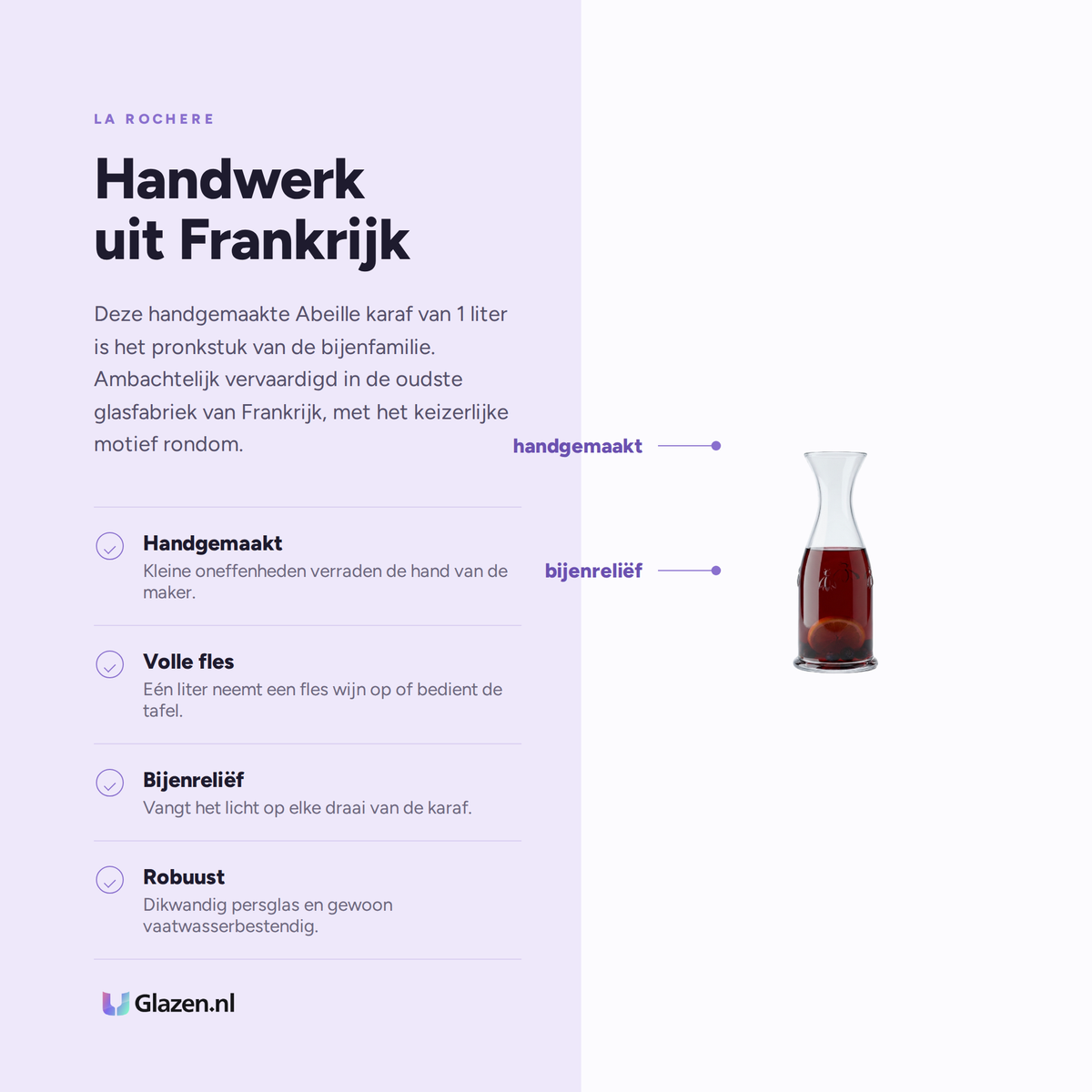 Eigenschappen van de La Rochère Abeille Karaf 1 Liter Hand Gemaakt
