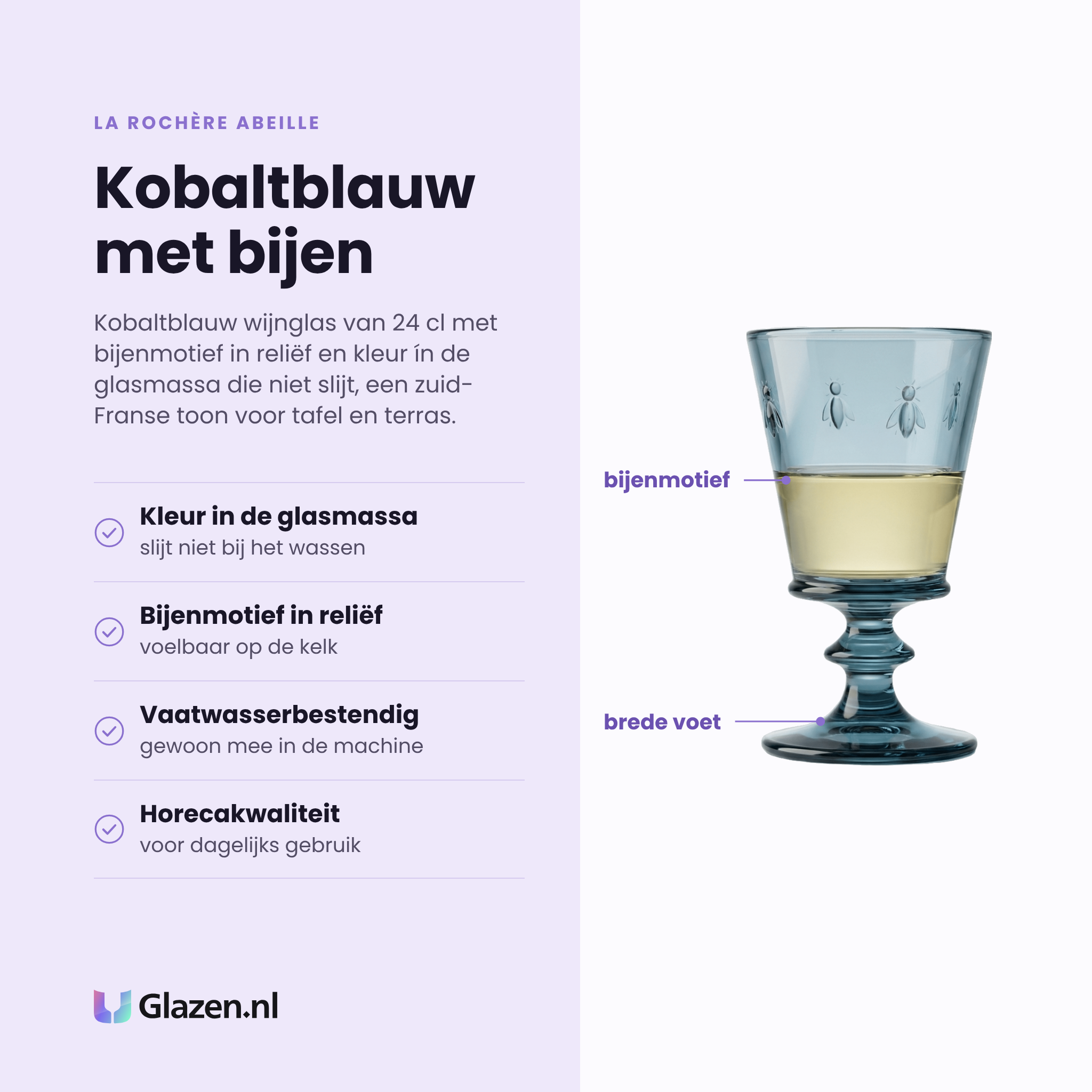 La Rochère Abeille wijnglas 24 cl blauw eigenschappen: kleur in de glasmassa, bijenmotief in reliëf, vaatwasserbestendig, horecakwaliteit