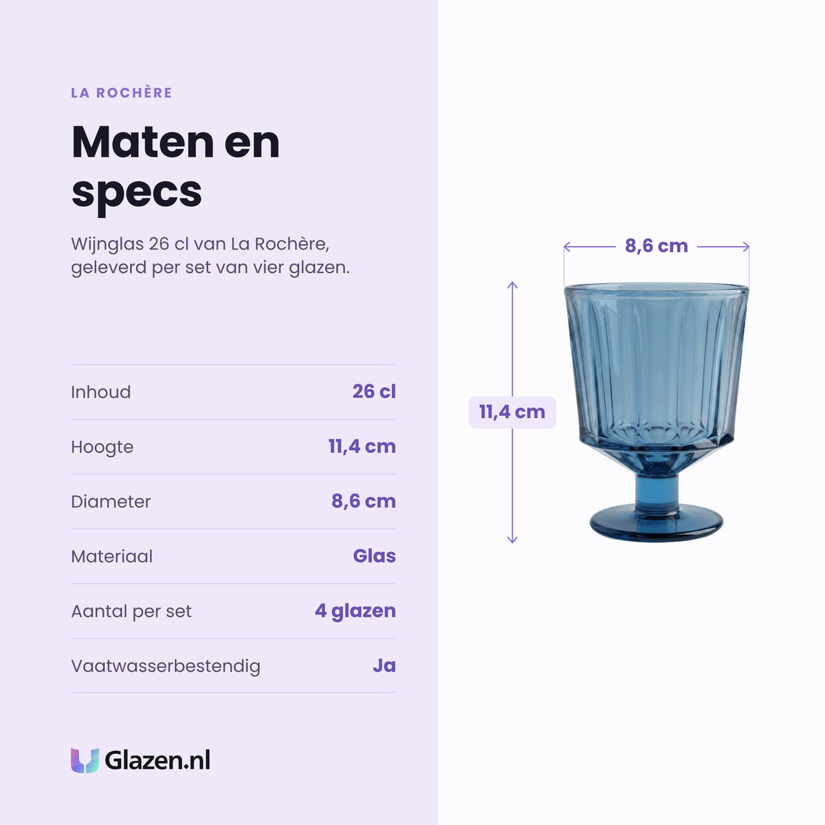 La Rochère wijnglas 26 cl specificaties: inhoud 26 cl, hoogte 11,4 cm, diameter 8,6 cm, glas, set van 4