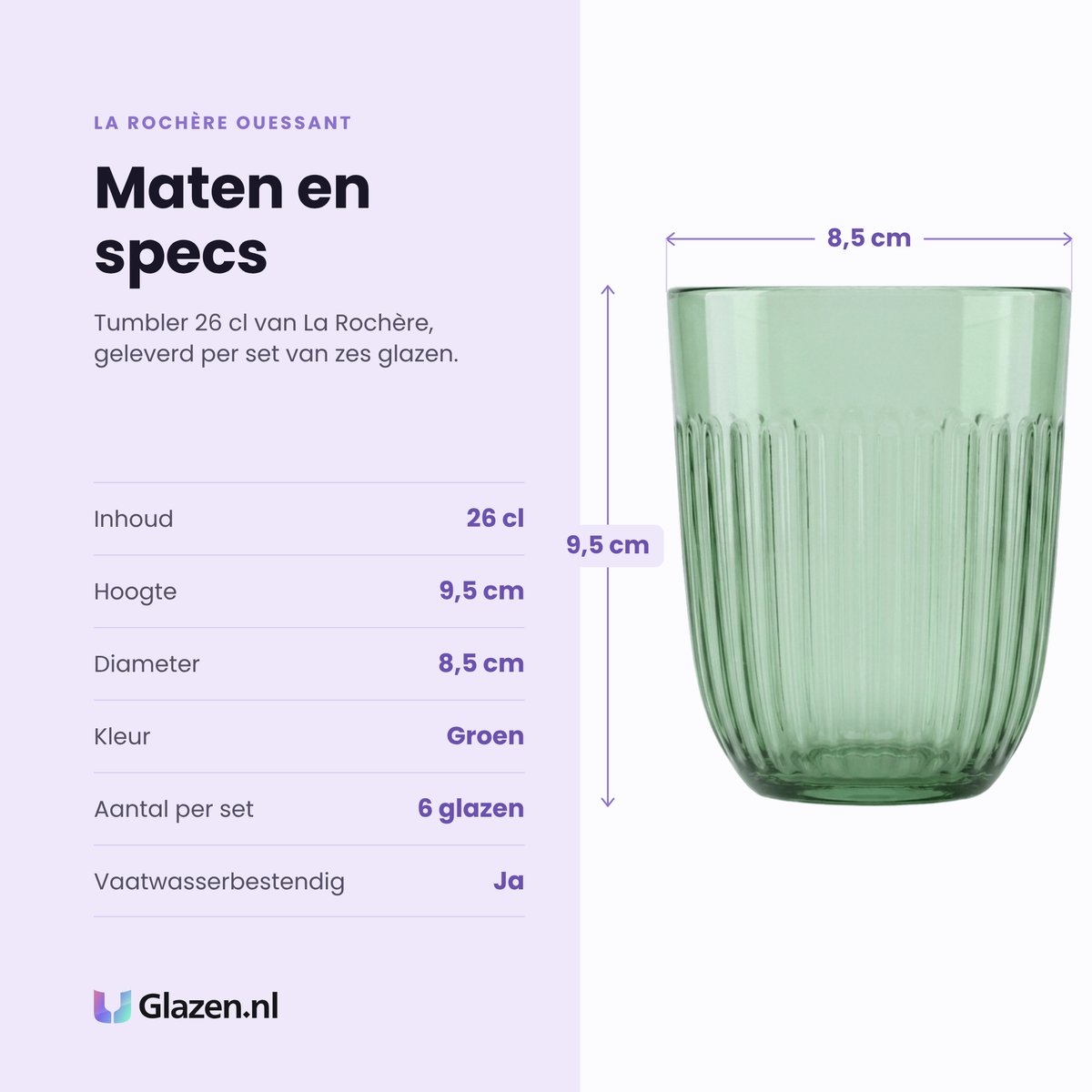 La Rochère Ouessant tumbler 26 cl groen specificaties: inhoud 26 cl, hoogte 9,5 cm, diameter 8,5 cm, groen glas, set van 6