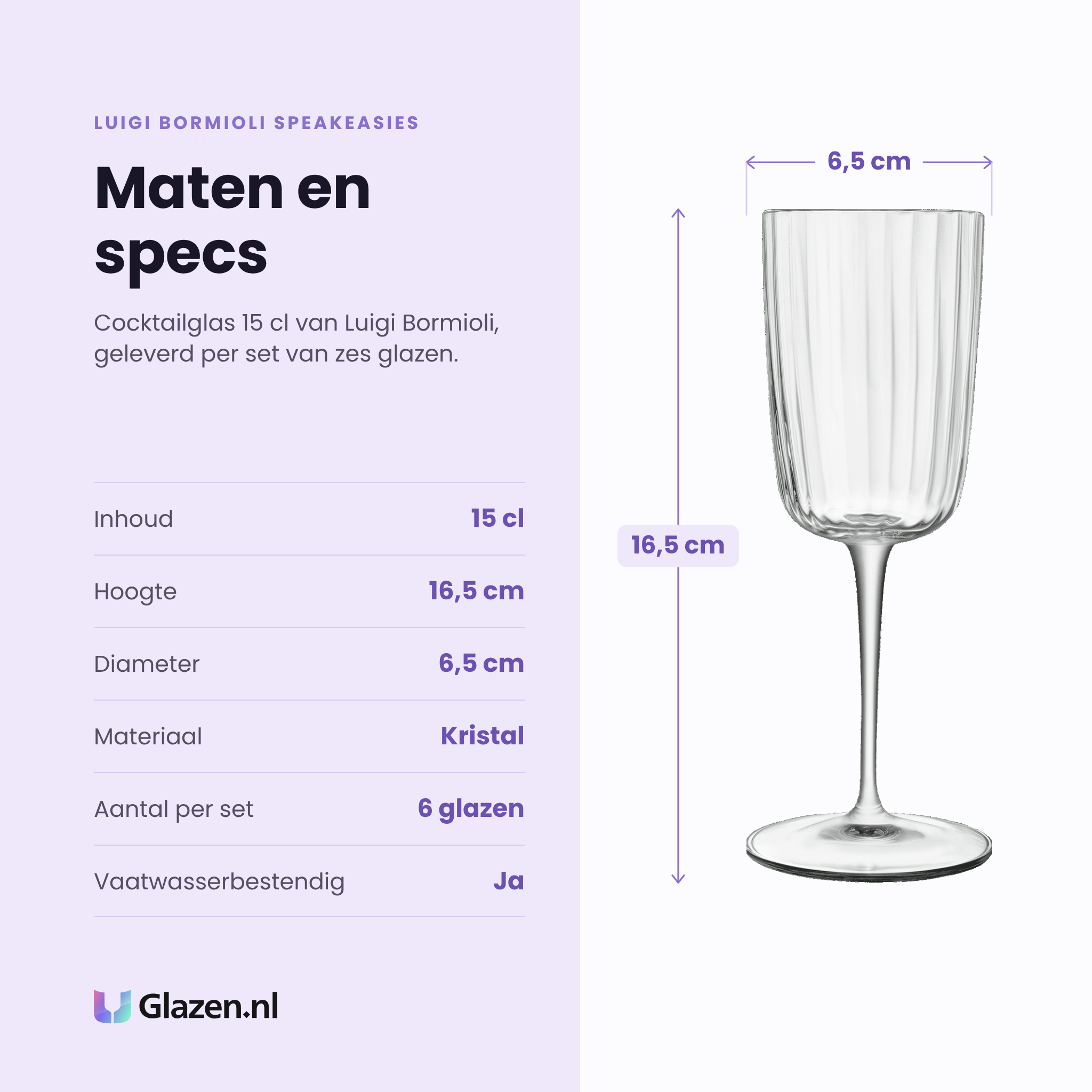 Luigi Bormioli Speakeasies cocktailglas 15 cl specificaties: inhoud 15 cl, hoogte 16,5 cm, diameter 6,5 cm, kristal, set van 6