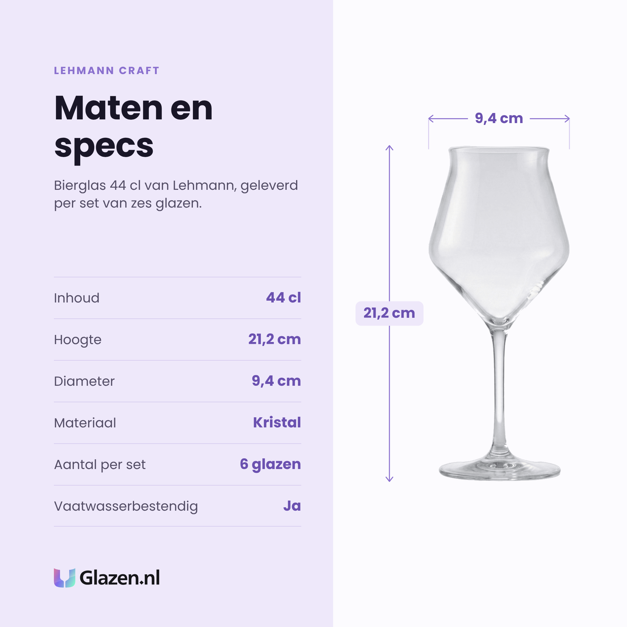 Lehmann Craft bierglas 44 cl specificaties: inhoud 44 cl, hoogte 21,2 cm, diameter 9,4 cm, kristal, set van 6
