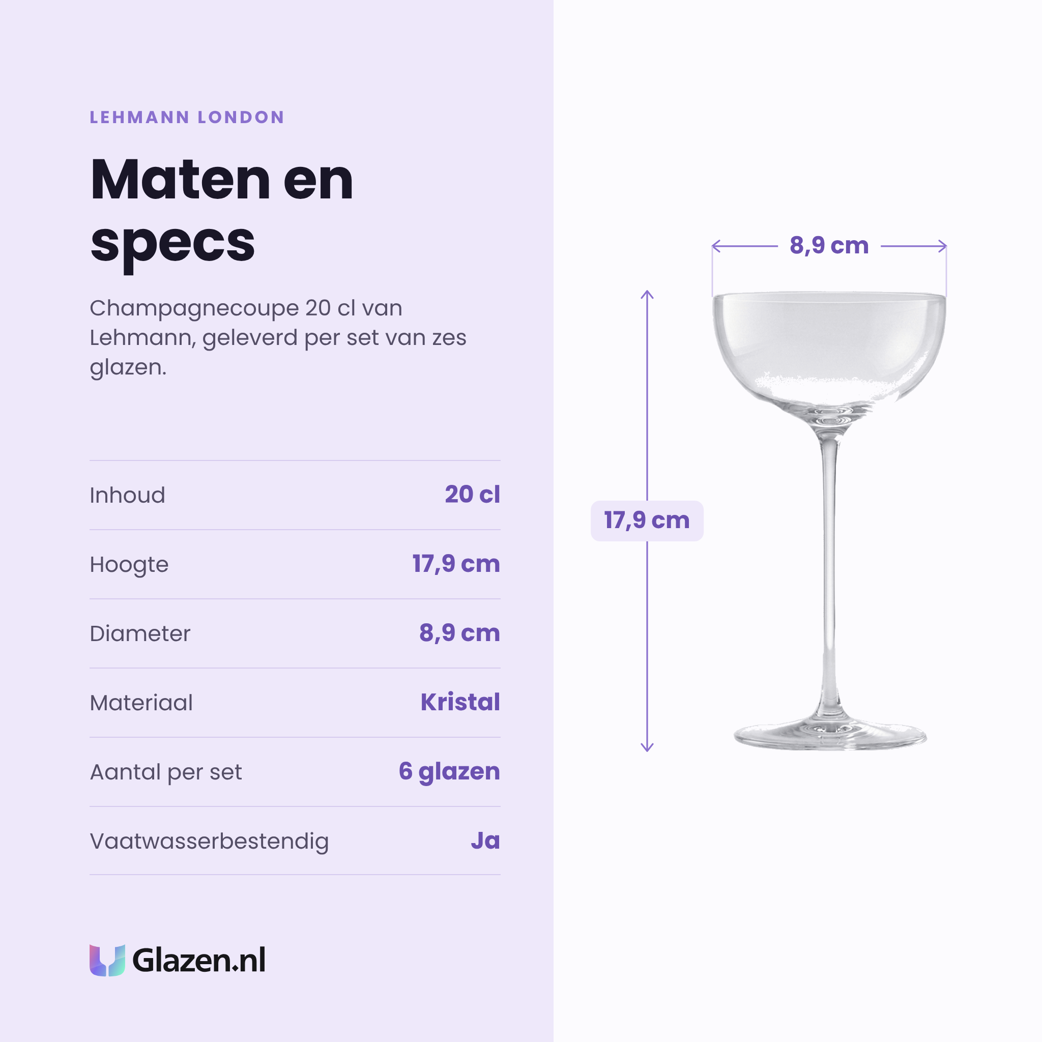 Lehmann London champagnecoupe 20 cl specificaties: inhoud 20 cl, hoogte 17,9 cm, diameter 8,9 cm, kristal, set van 6