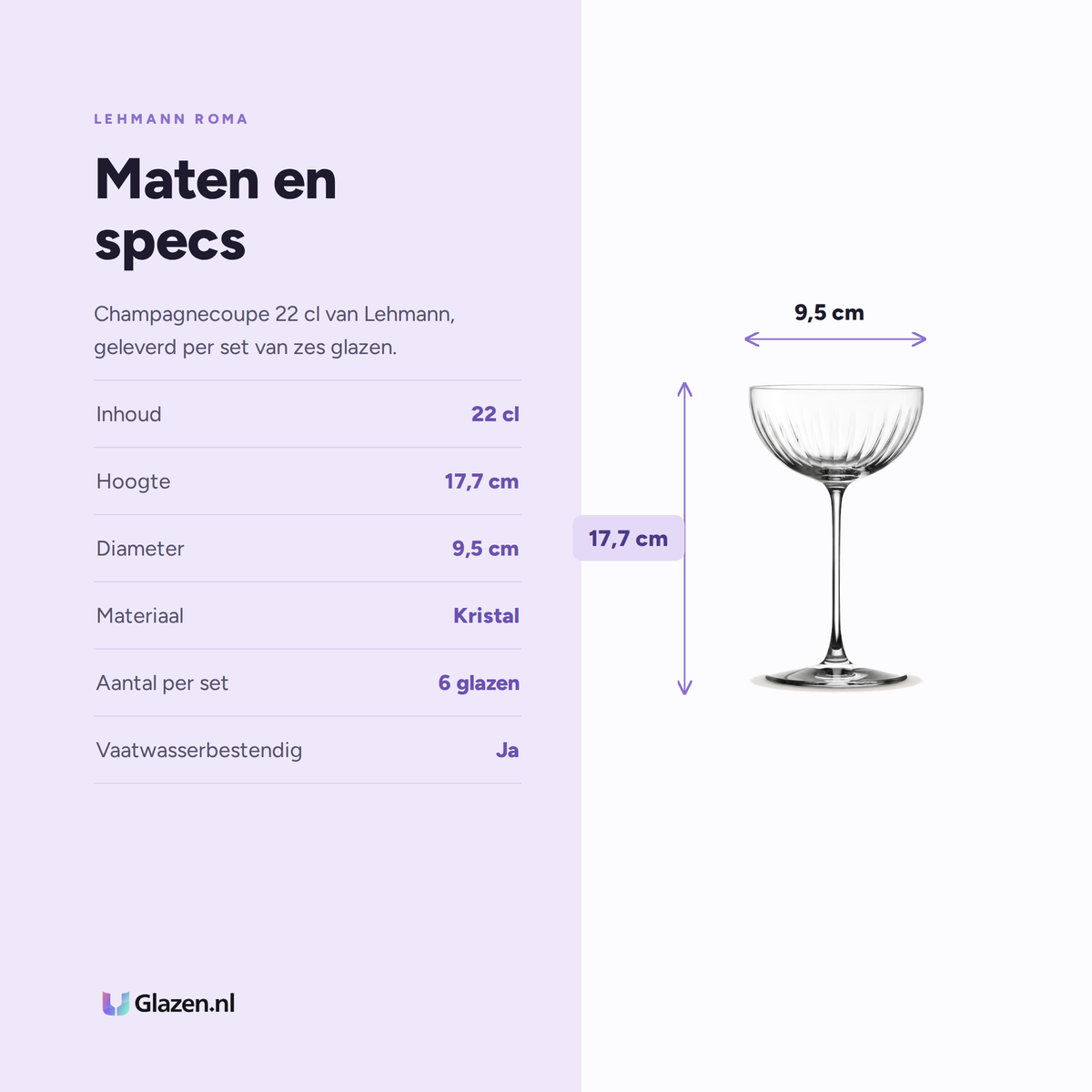 Lehmann Roma Champagneglas / Coupe 22 Cl specificaties: inhoud 22 cl, hoogte 17,7 cm, diameter 9,5 cm, materiaal Kristal, aantal per set 6 glazen, vaatwasserbestendig Ja