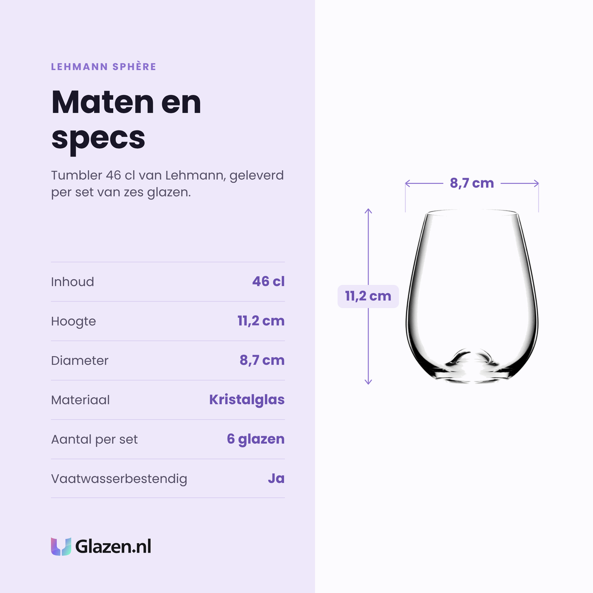 Lehmann Sphère tumbler 46 cl specificaties: inhoud 46 cl, hoogte 11,2 cm, diameter 8,7 cm, kristalglas, set van 6