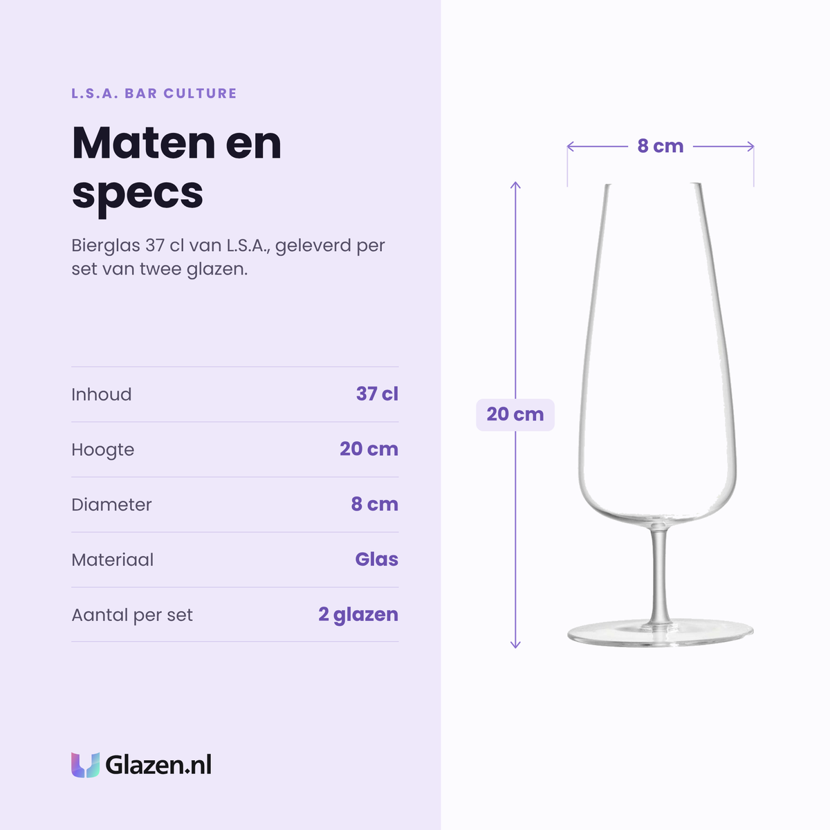 L.S.A. Bar Culture bierglas 37 cl specificaties: inhoud 37 cl, hoogte 20 cm, diameter 8 cm, glas, set van 2