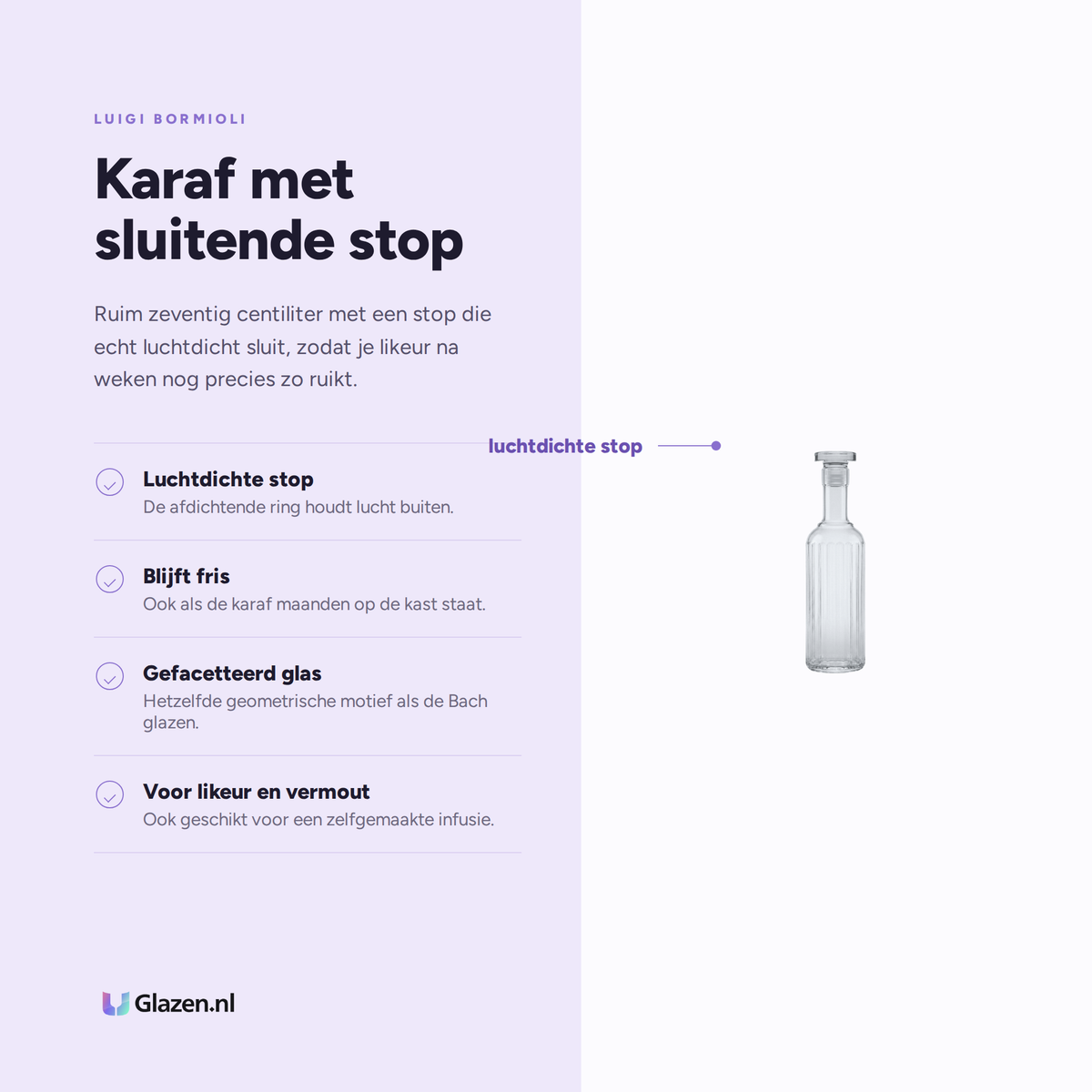Eigenschappen van de Luigi Bormioli Bach Karaf Likeur 73,1 Cl Met Luchtdichte Stop