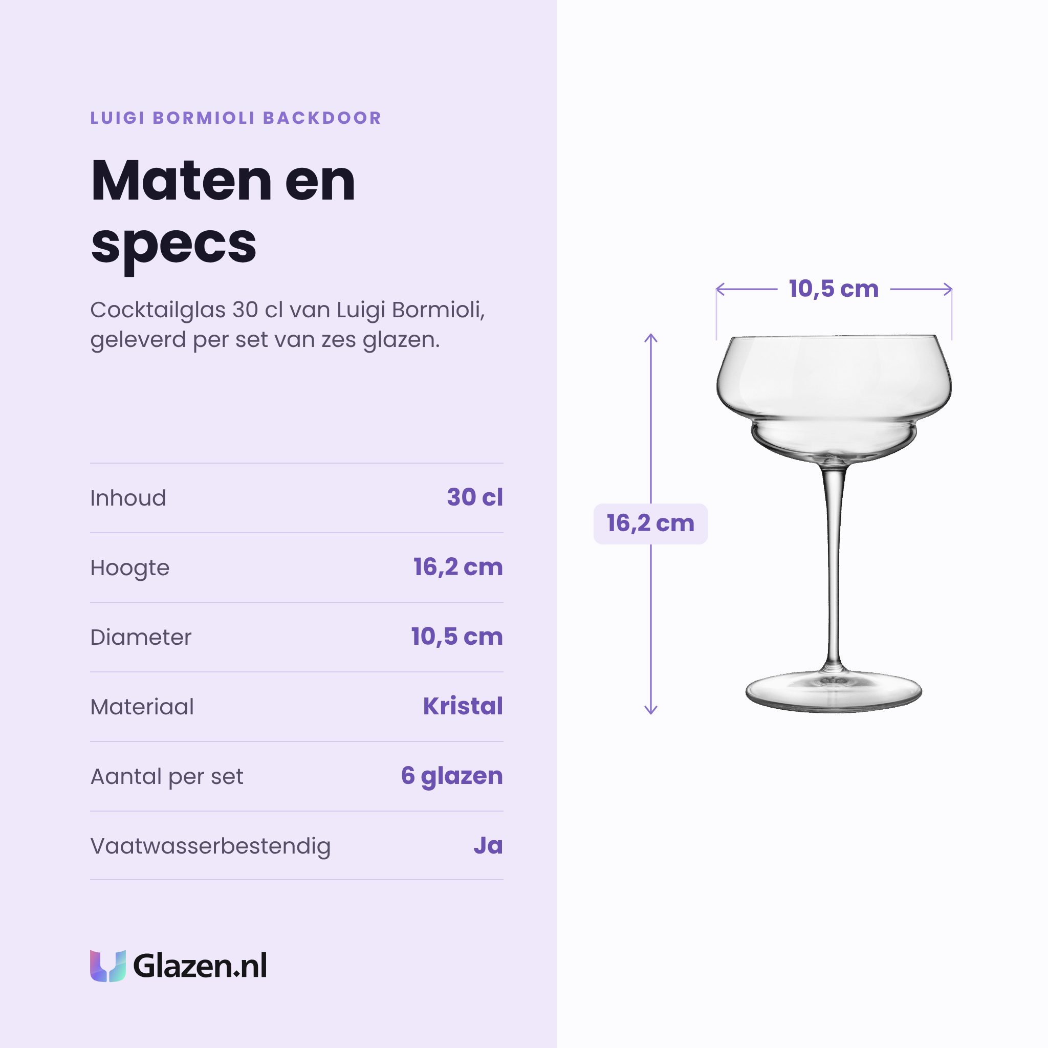 Luigi Bormioli Backdoor cocktailglas 30 cl specificaties: inhoud 30 cl, hoogte 16,2 cm, diameter 10,5 cm, kristal, set van 6