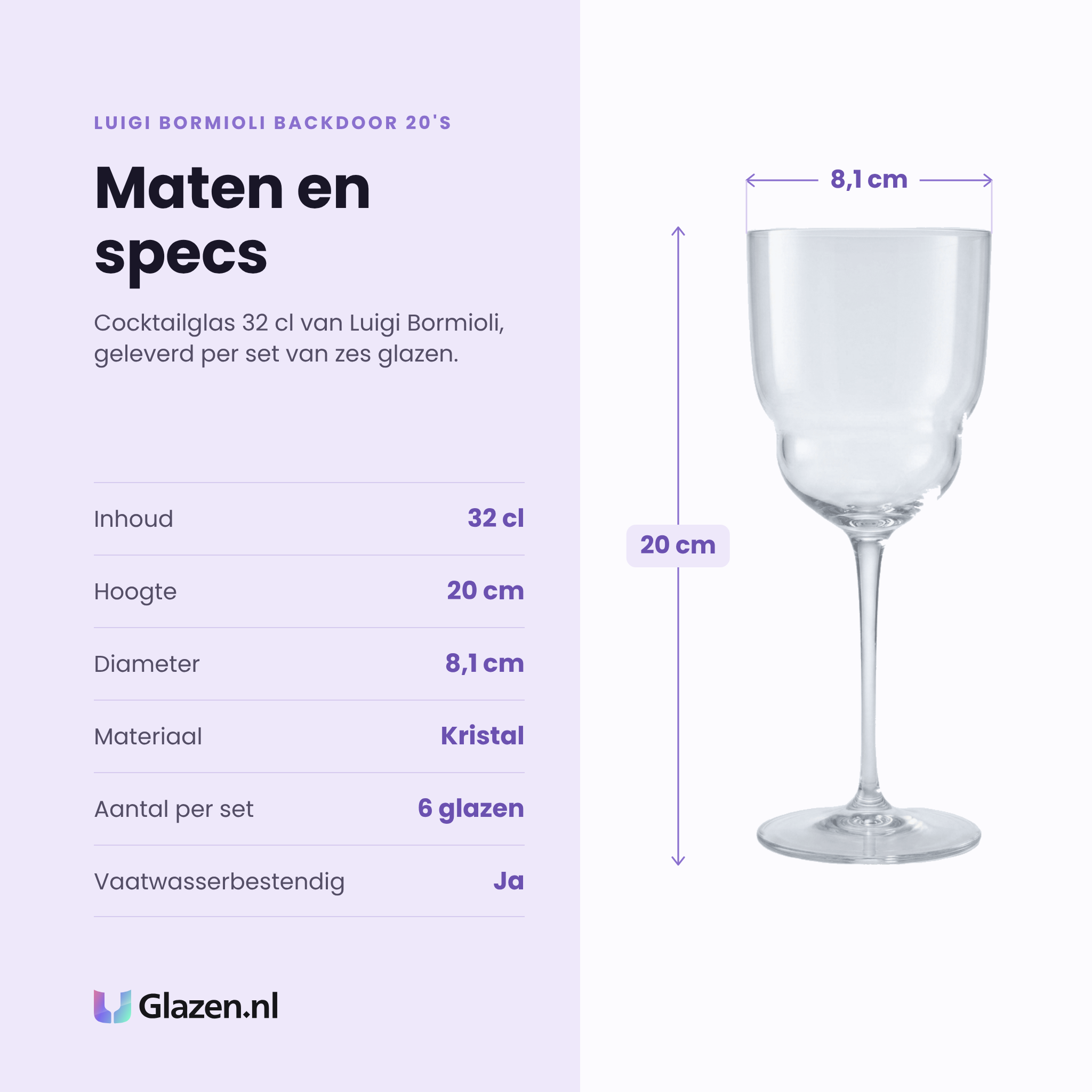Luigi Bormioli Backdoor 20'S cocktailglas 32 cl specificaties: inhoud 32 cl, hoogte 20 cm, diameter 8,1 cm, kristal, set van 6