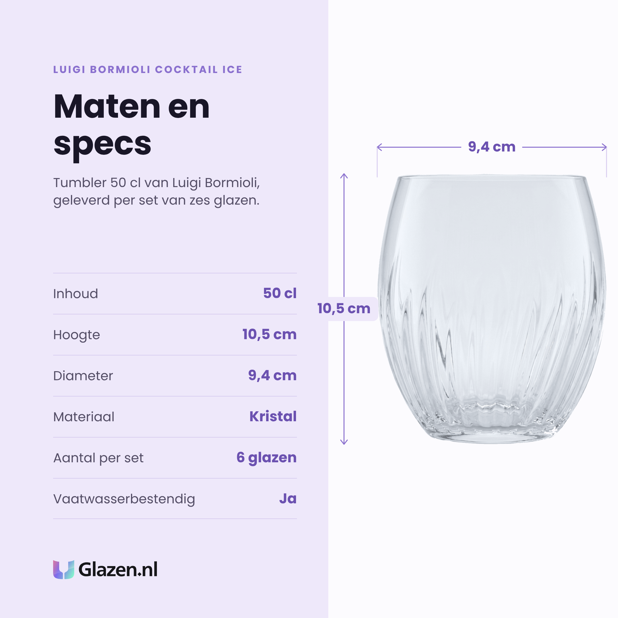 Luigi Bormioli Cocktail Ice tumbler 50 cl specificaties: inhoud 50 cl, hoogte 10,5 cm, diameter 9,4 cm, kristal, set van 6