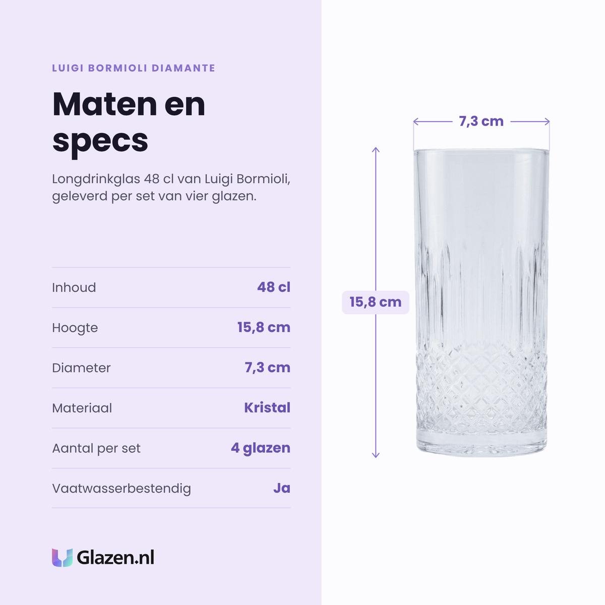 Luigi Bormioli Diamante longdrinkglas 48 cl specificaties: inhoud 48 cl, hoogte 15,8 cm, diameter 7,3 cm, kristal, set van 4