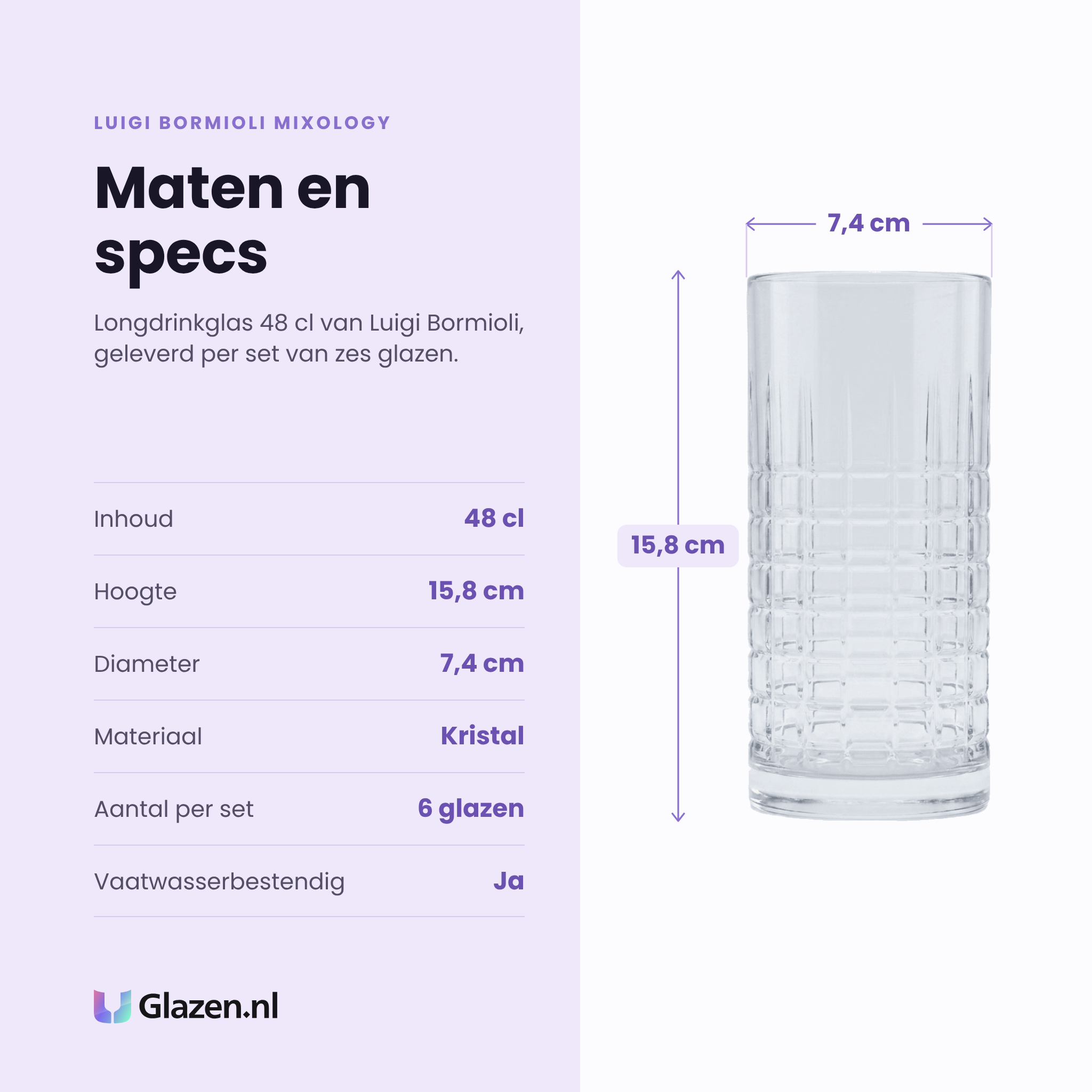 Luigi Bormioli Mixology longdrinkglas 48 cl specificaties: inhoud 48 cl, hoogte 15,8 cm, diameter 7,4 cm, kristal, set van 6