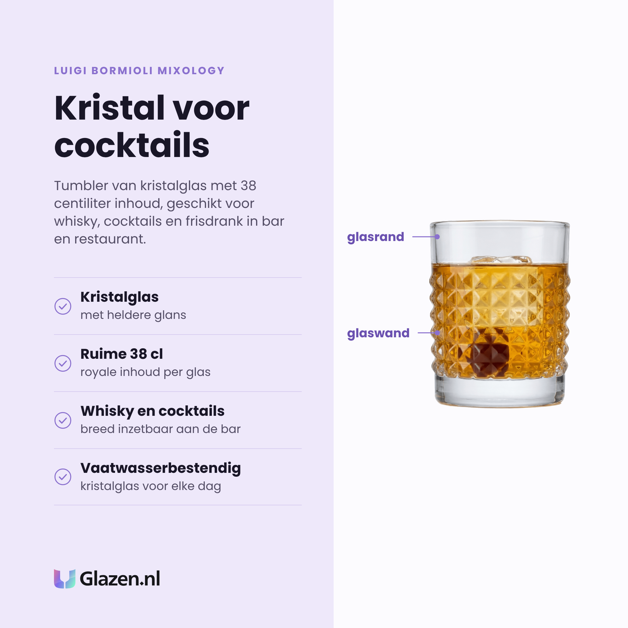 Luigi Bormioli Mixology Elixir tumbler 38 cl eigenschappen: kristalglas met heldere glans, ruime inhoud, voor whisky en cocktails, vaatwasserbestendig