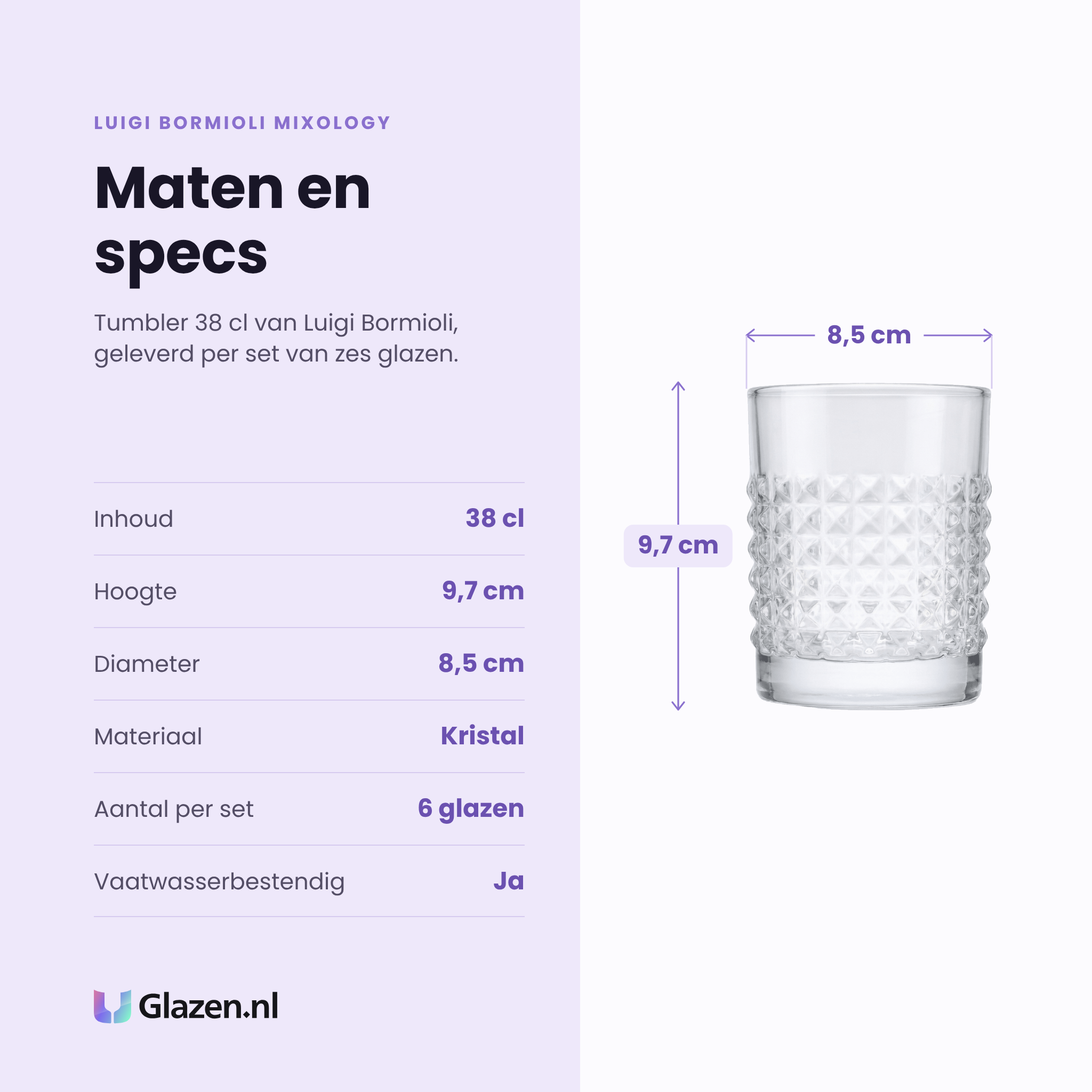 Luigi Bormioli Mixology Elixir tumbler 38 cl specificaties: inhoud 38 cl, hoogte 9,7 cm, diameter 8,5 cm, kristal, set van 6
