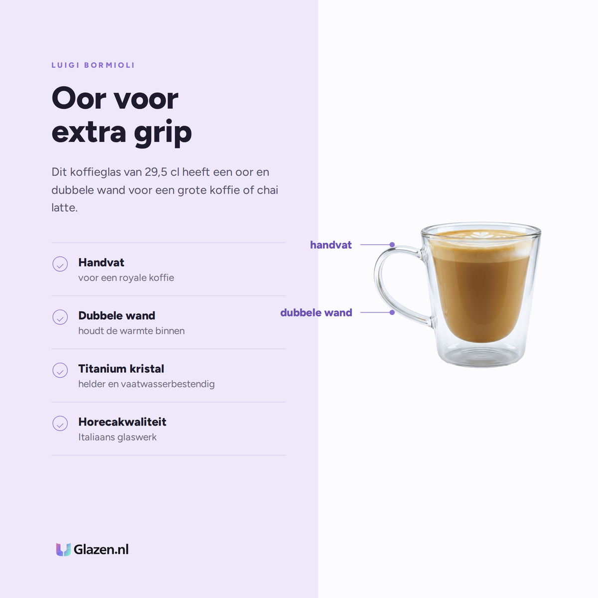 Eigenschappen van Luigi Bormioli Thermic Glass Koffieglas 29,5 Cl Met Oor