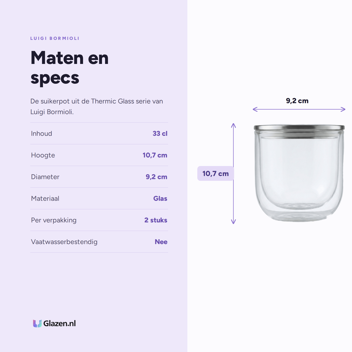 Maten en specs van Luigi Bormioli Thermic Glass Suikerpot 33 Cl