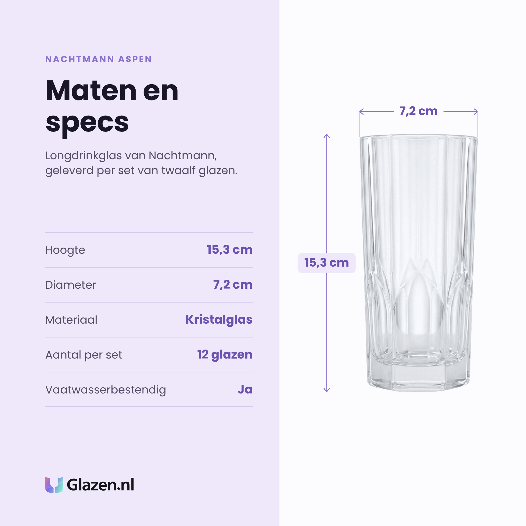 Nachtmann Aspen longdrinkglas specificaties: hoogte 15,3 cm, diameter 7,2 cm, kristalglas, set van 12