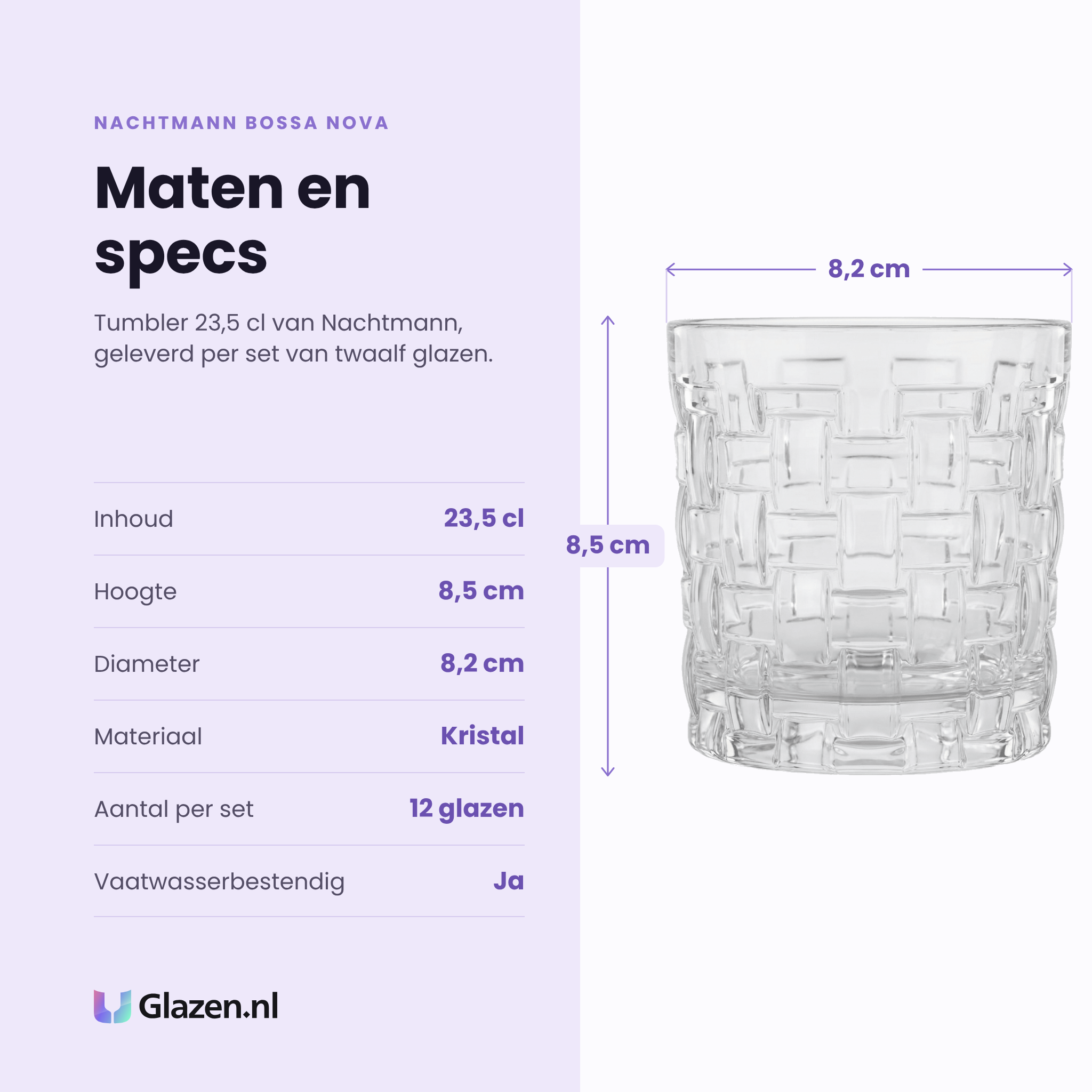 Nachtmann Bossa Nova tumbler 23,5 cl specificaties: inhoud 23,5 cl, hoogte 8,5 cm, diameter 8,2 cm, kristal, set van 12