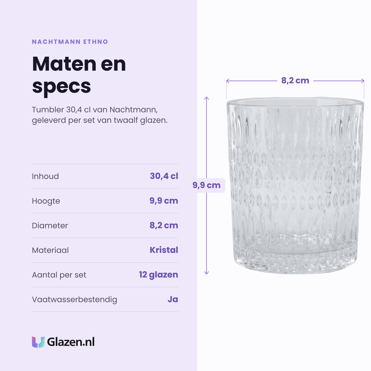Nachtmann Ethno tumbler 30,4 cl specificaties: inhoud 30,4 cl, hoogte 9,9 cm, diameter 8,2 cm, kristal, set van 12
