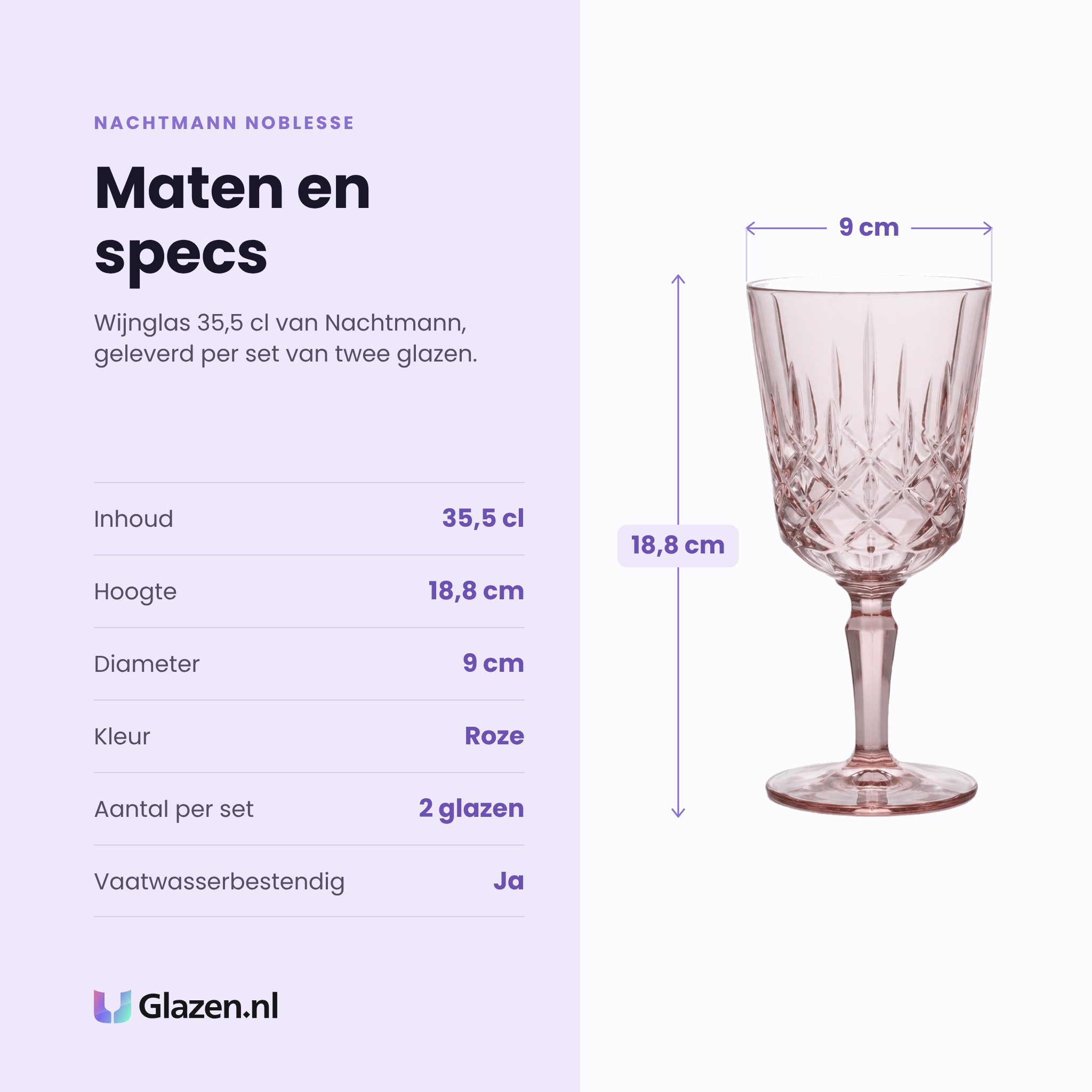 Nachtmann Noblesse wijnglas 35,5 cl specificaties: inhoud 35,5 cl, hoogte 18,8 cm, diameter 9 cm, kleur roze, set van 2