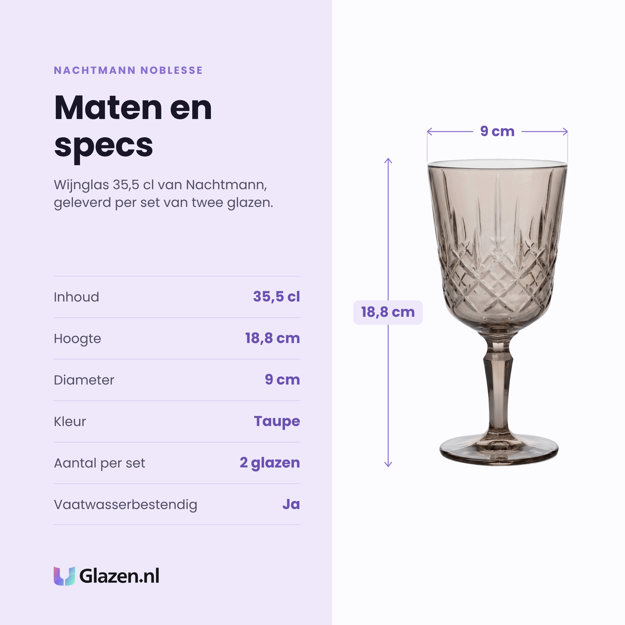 Nachtmann Noblesse wijnglas 35,5 cl specificaties: inhoud 35,5 cl, hoogte 18,8 cm, diameter 9 cm, kleur taupe, set van 2