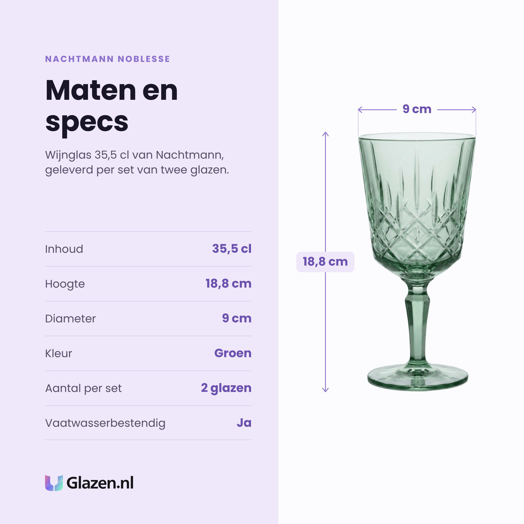 Nachtmann Noblesse wijnglas 35,5 cl specificaties: inhoud 35,5 cl, hoogte 18,8 cm, diameter 9 cm, groen, set van 2