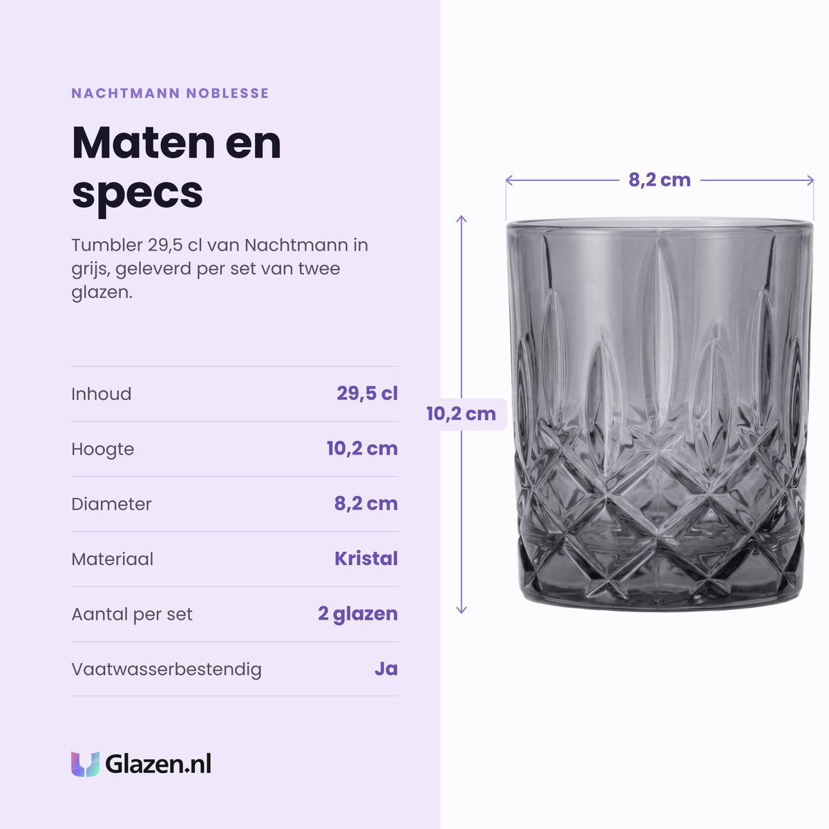Nachtmann Noblesse tumbler 29,5 cl specificaties: inhoud 29,5 cl, hoogte 10,2 cm, diameter 8,2 cm, kristal, set van 2