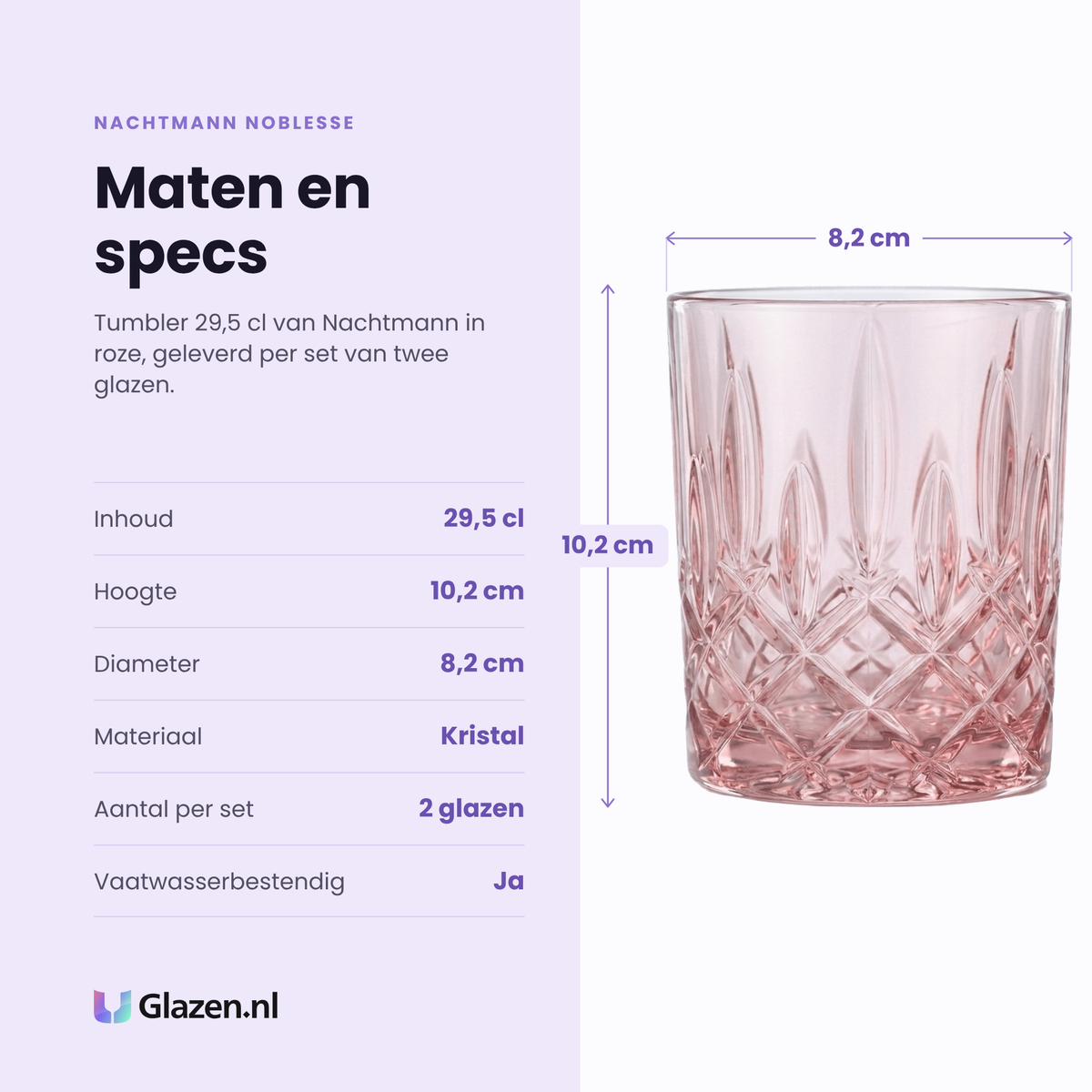 Nachtmann Noblesse tumbler 29,5 cl specificaties: inhoud 29,5 cl, hoogte 10,2 cm, diameter 8,2 cm, kristal, set van 2