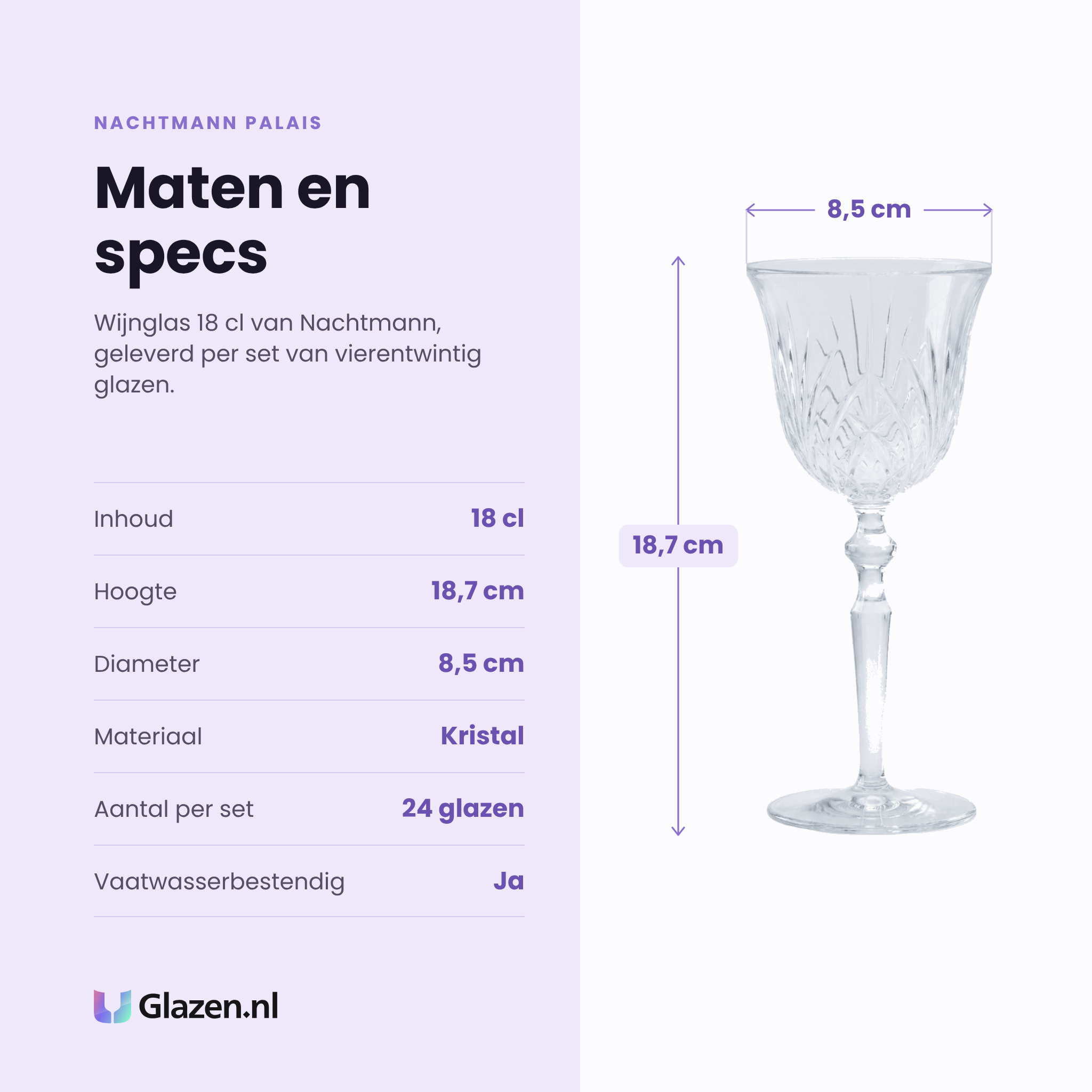 Nachtmann Palais wijnglas 18 cl specificaties: inhoud 18 cl, hoogte 18,7 cm, diameter 8,5 cm, kristal, set van 24