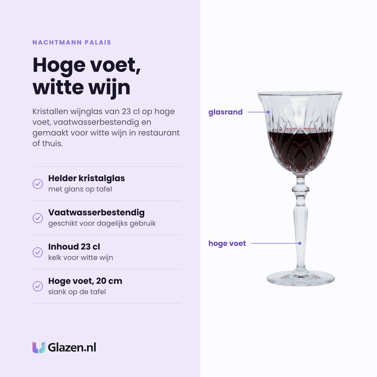 Nachtmann Palais wijnglas 23 cl eigenschappen: helder kristalglas, vaatwasserbestendig, inhoud 23 cl, hoge voet 20 cm