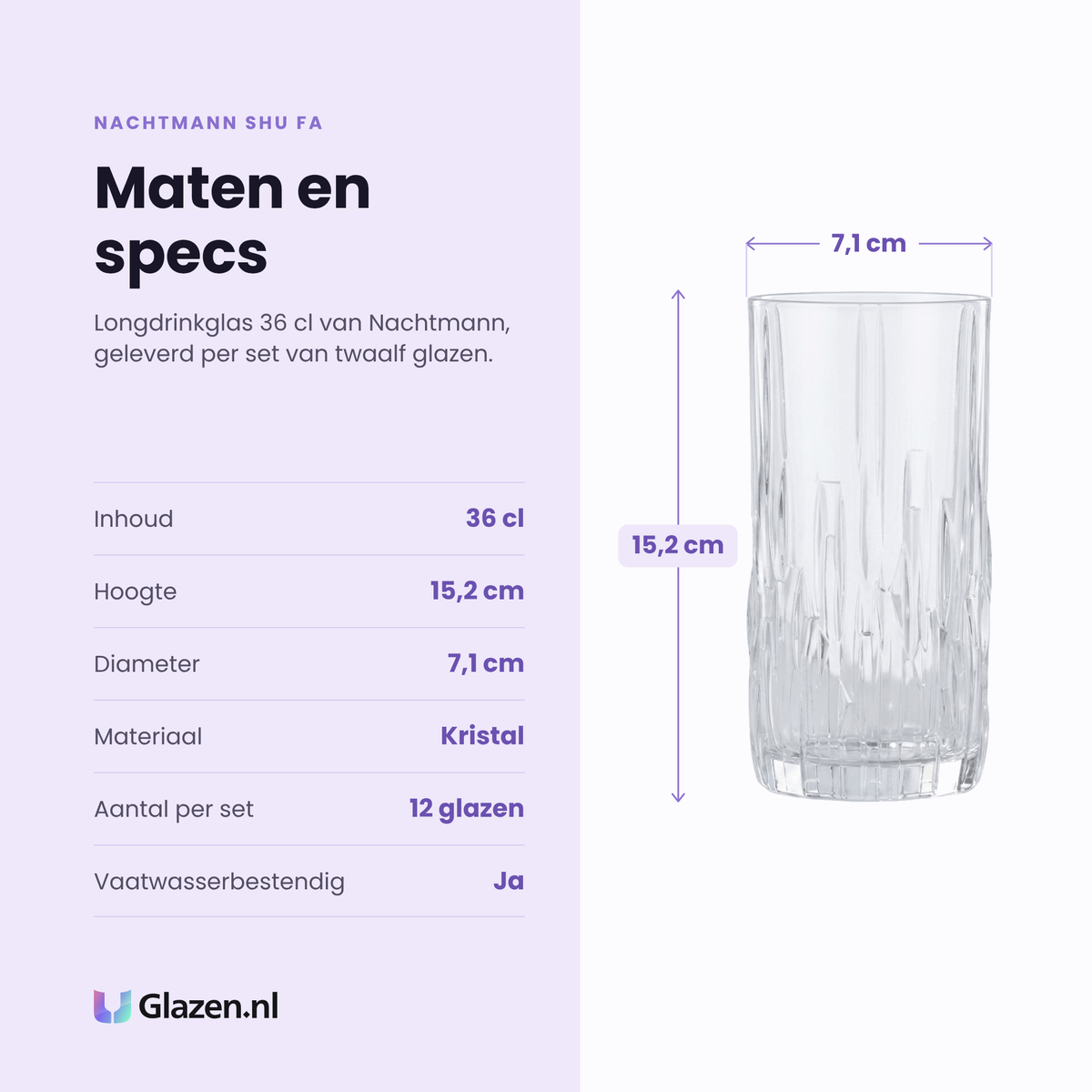 Nachtmann Shu Fa longdrinkglas 36 cl specificaties: inhoud 36 cl, hoogte 15,2 cm, diameter 7,1 cm, kristal, set van 12