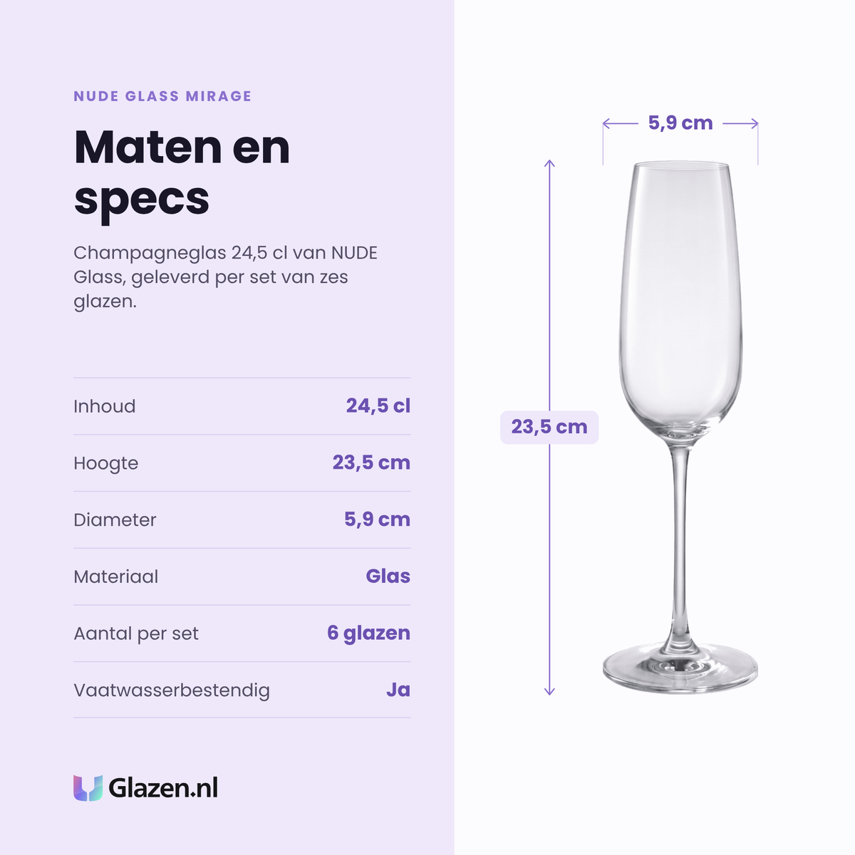 NUDE Glass Mirage champagneglas 24,5 cl specificaties: inhoud 24,5 cl, hoogte 23,5 cm, diameter 5,9 cm, glas, set van 6