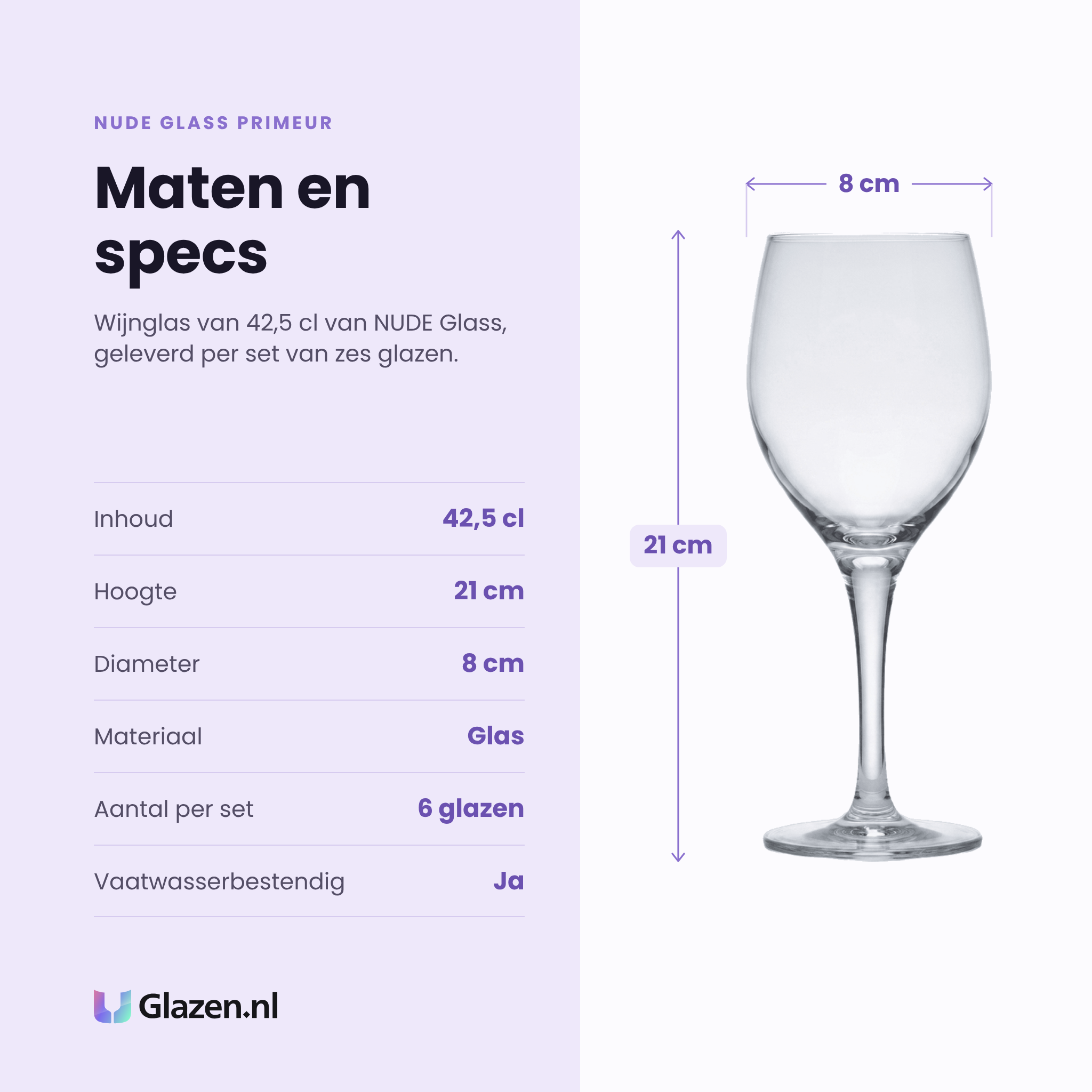 Nude Glass Primeur wijnglas 42,5 cl specificaties: inhoud 42,5 cl, hoogte 21 cm, diameter 8 cm, glas, set van 6