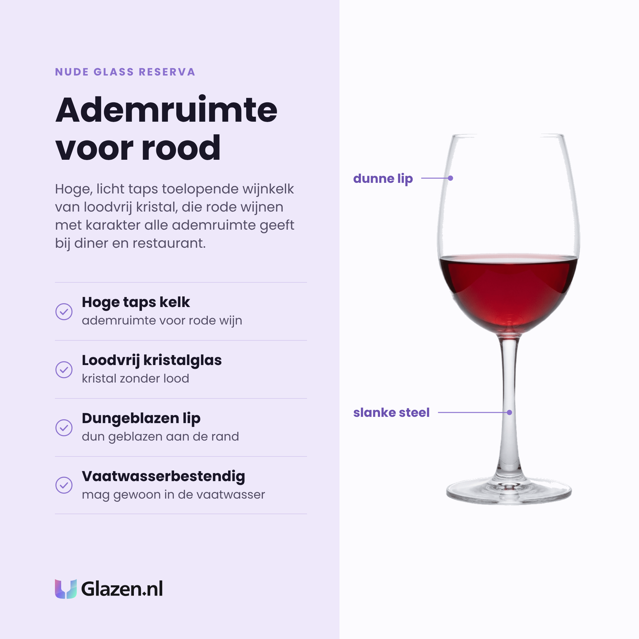Nude Glass Reserva wijnglas 58 cl eigenschappen: hoge taps kelk, loodvrij kristalglas, dungeblazen lip, vaatwasserbestendig