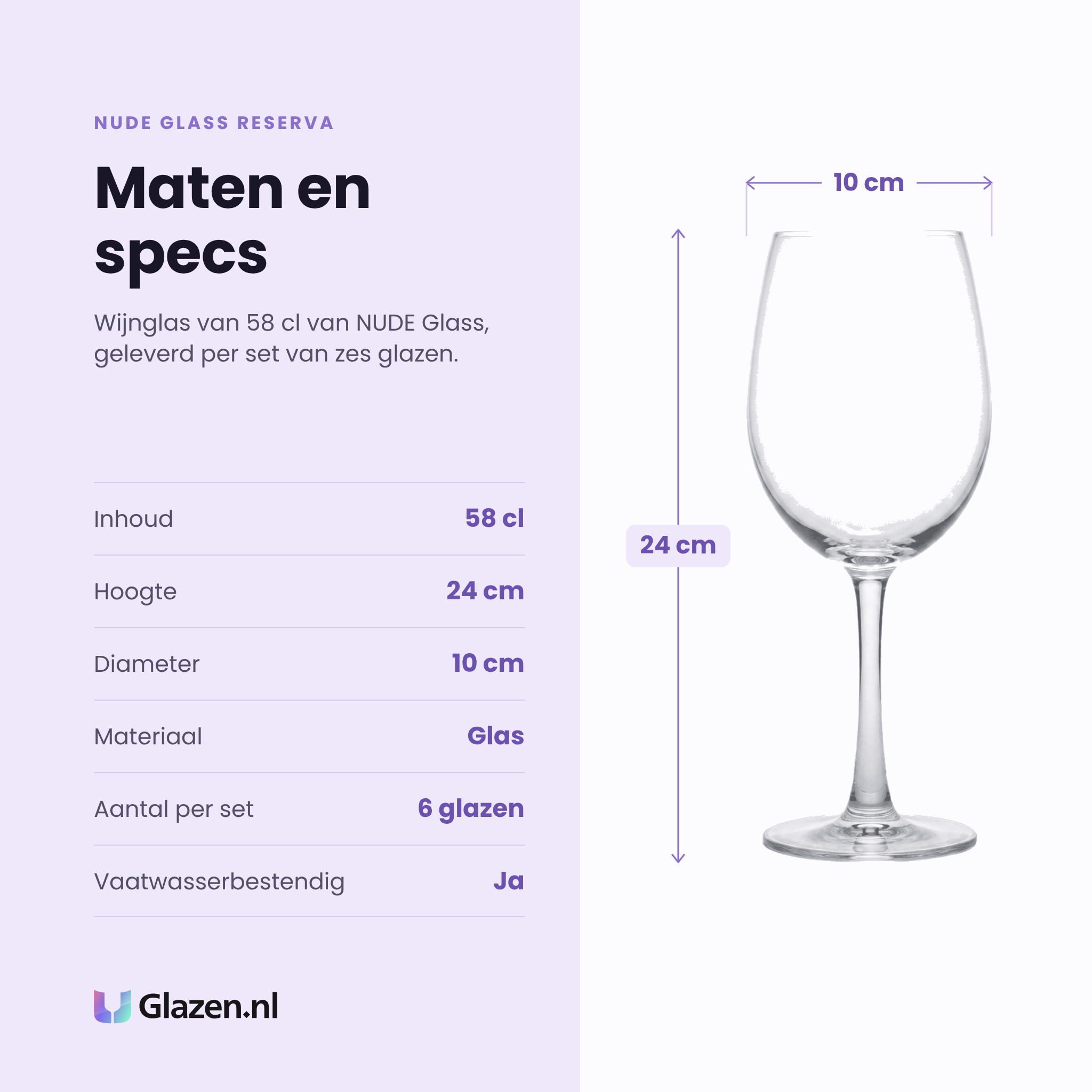 Nude Glass Reserva wijnglas 58 cl specificaties: inhoud 58 cl, hoogte 24 cm, diameter 10 cm, glas, set van 6