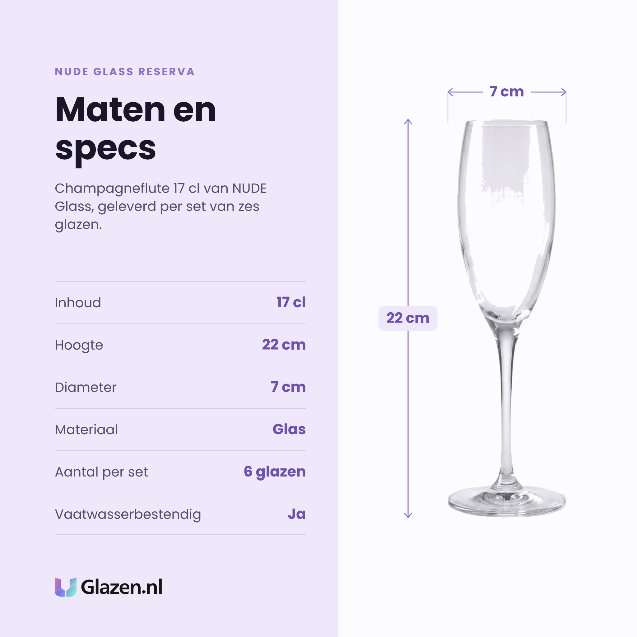 NUDE Glass Reserva champagneflute 17 cl specificaties: inhoud 17 cl, hoogte 22 cm, diameter 7 cm, glas, set van 6