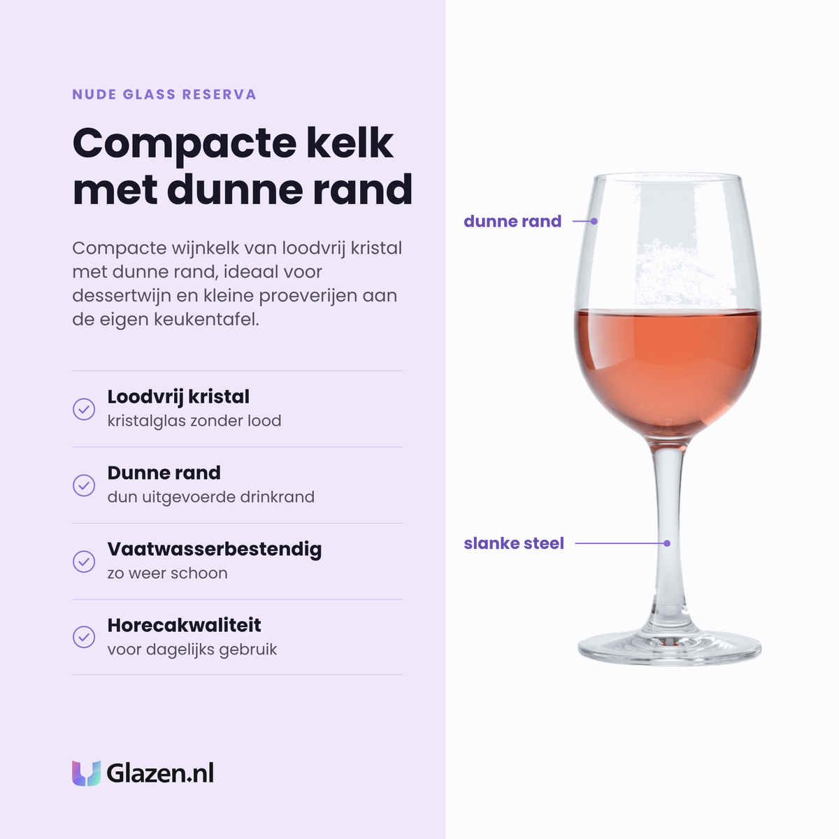 NUDE Glass Reserva wijnglas 25 cl eigenschappen: loodvrij kristalglas, dunne drinkrand, vaatwasserbestendig, horecakwaliteit