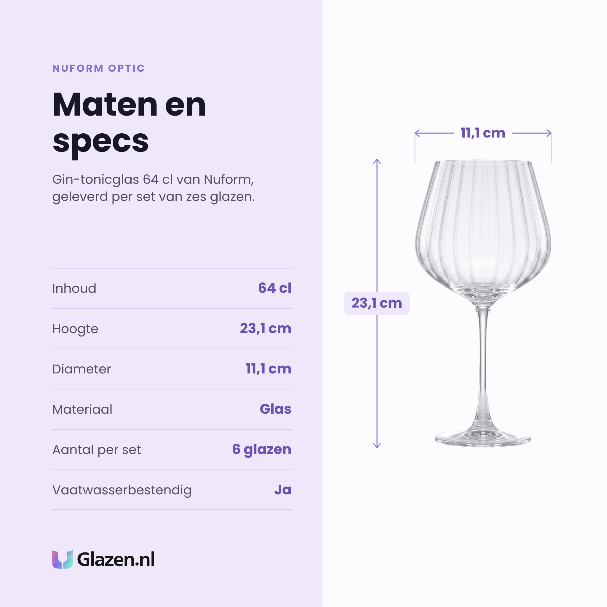 Nuform Optic gin-tonicglas 64 cl specificaties: inhoud 64 cl, hoogte 23,1 cm, diameter 11,1 cm, glas, set van 6